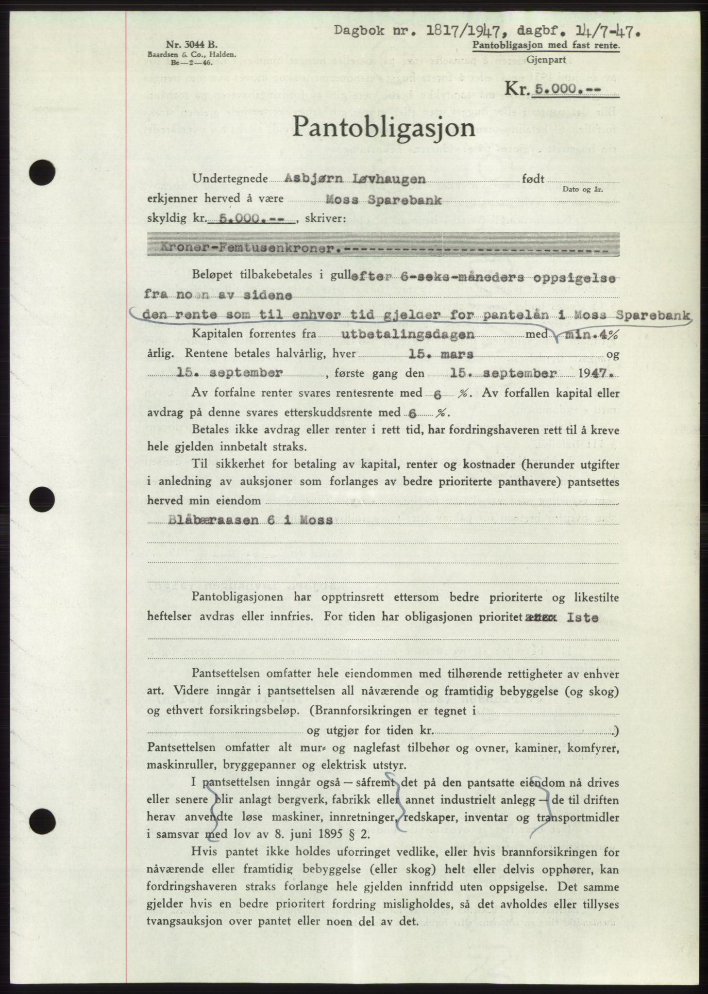 Moss sorenskriveri, SAO/A-10168: Pantebok nr. B17, 1947-1947, Dagboknr: 1817/1947