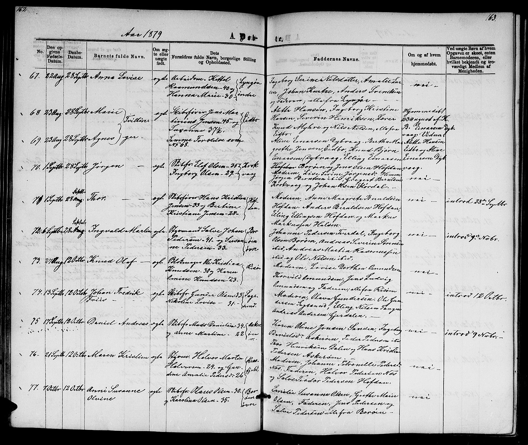 Dypvåg sokneprestkontor, AV/SAK-1111-0007/F/Fb/Fba/L0012: Klokkerbok nr. B 12, 1872-1886, s. 162-163