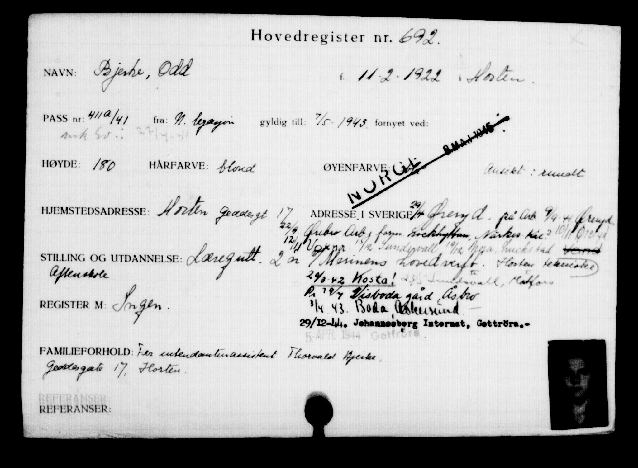 Utenriksstasjonene, Legasjonen i Stockholm, Flyktningkontoret, AV/RA-S-6753/V/Va/L0001: Kjesäterkartoteket, flyktninger med registreringsnr. 1-1000, 1940-1945, s. 1085