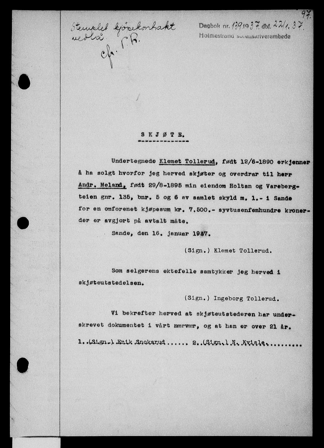 Holmestrand sorenskriveri, SAKO/A-67/G/Ga/Gaa/L0048: Pantebok nr. A-48, 1936-1937, Dagboknr: 139/1937