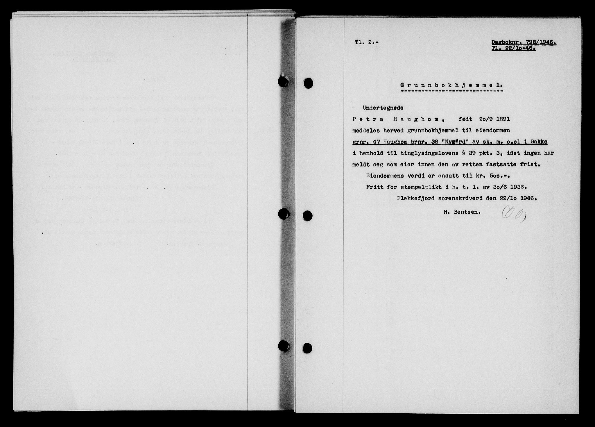 Flekkefjord sorenskriveri, SAK/1221-0001/G/Gb/Gba/L0061: Pantebok nr. A-9, 1946-1947, Dagboknr: 798/1946