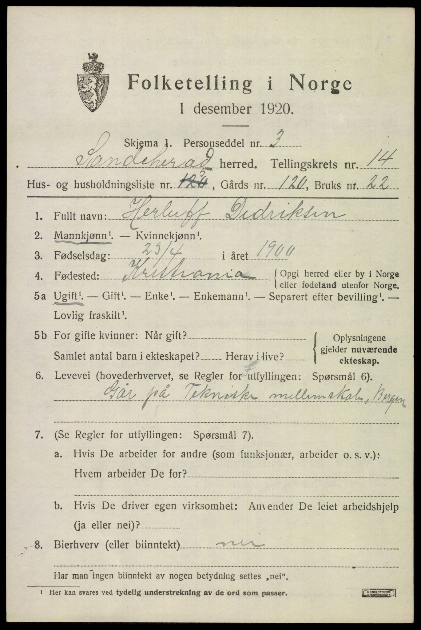 SAKO, Folketelling 1920 for 0724 Sandeherred herred, 1920, s. 20236