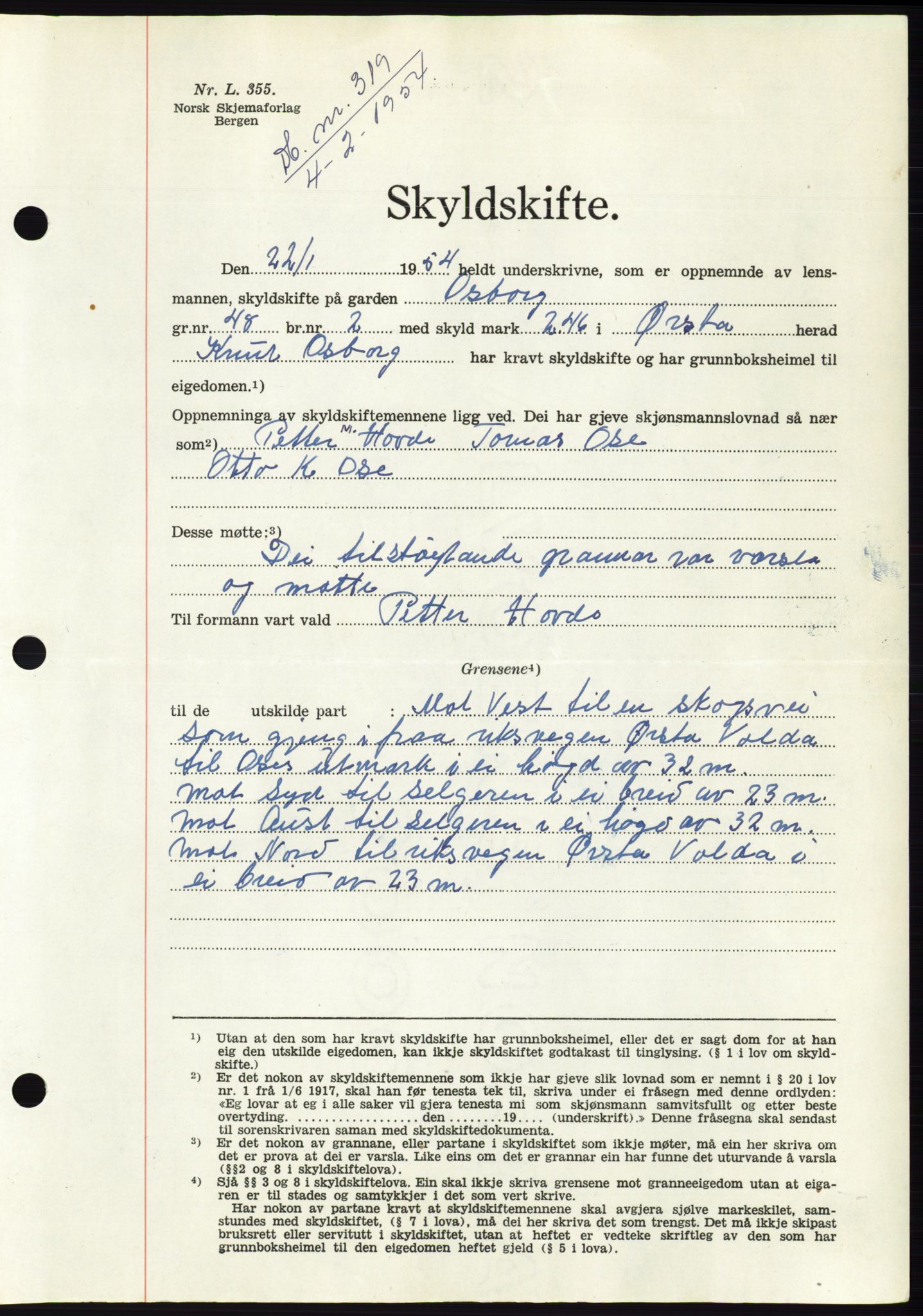 Søre Sunnmøre sorenskriveri, SAT/A-4122/1/2/2C/L0097: Pantebok nr. 23A, 1954-1954, Dagboknr: 319/1954