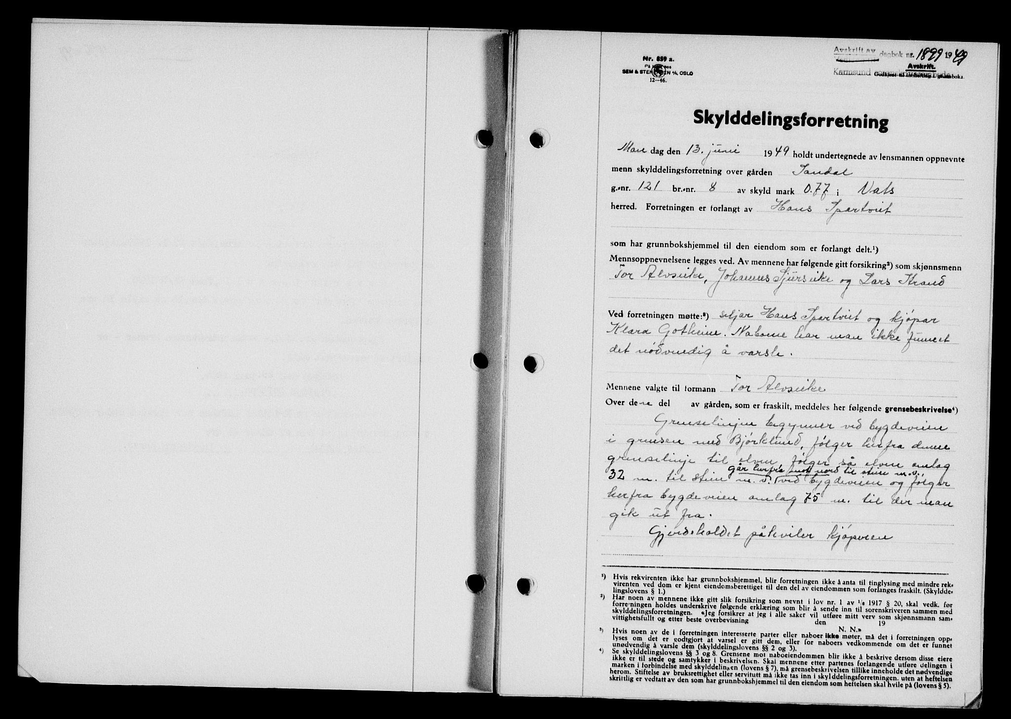 Karmsund sorenskriveri, SAST/A-100311/01/II/IIB/L0097: Pantebok nr. 77A, 1949-1949, Dagboknr: 1899/1949