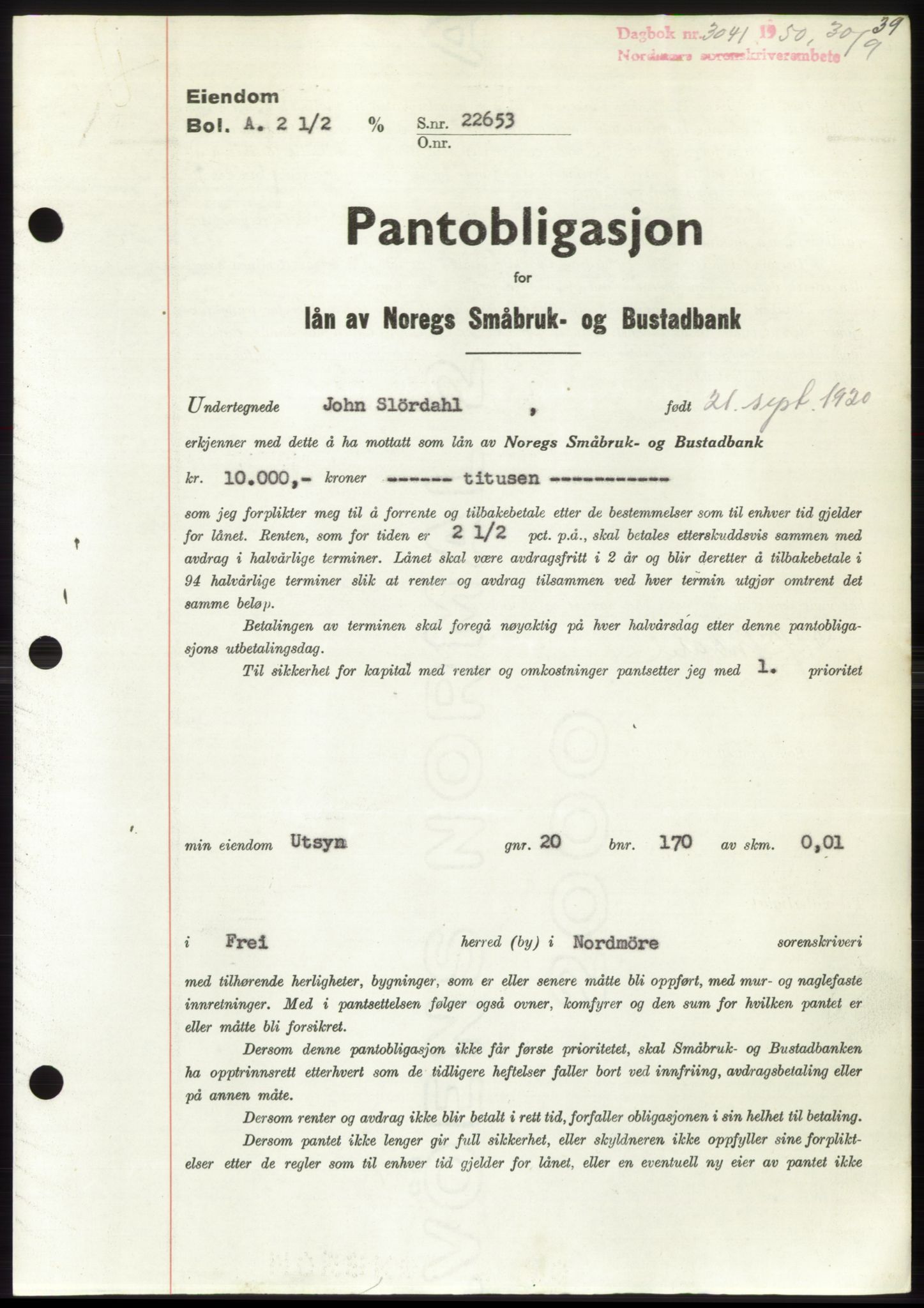 Nordmøre sorenskriveri, SAT/A-4132/1/2/2Ca: Pantebok nr. B106, 1950-1950, Dagboknr: 3041/1950