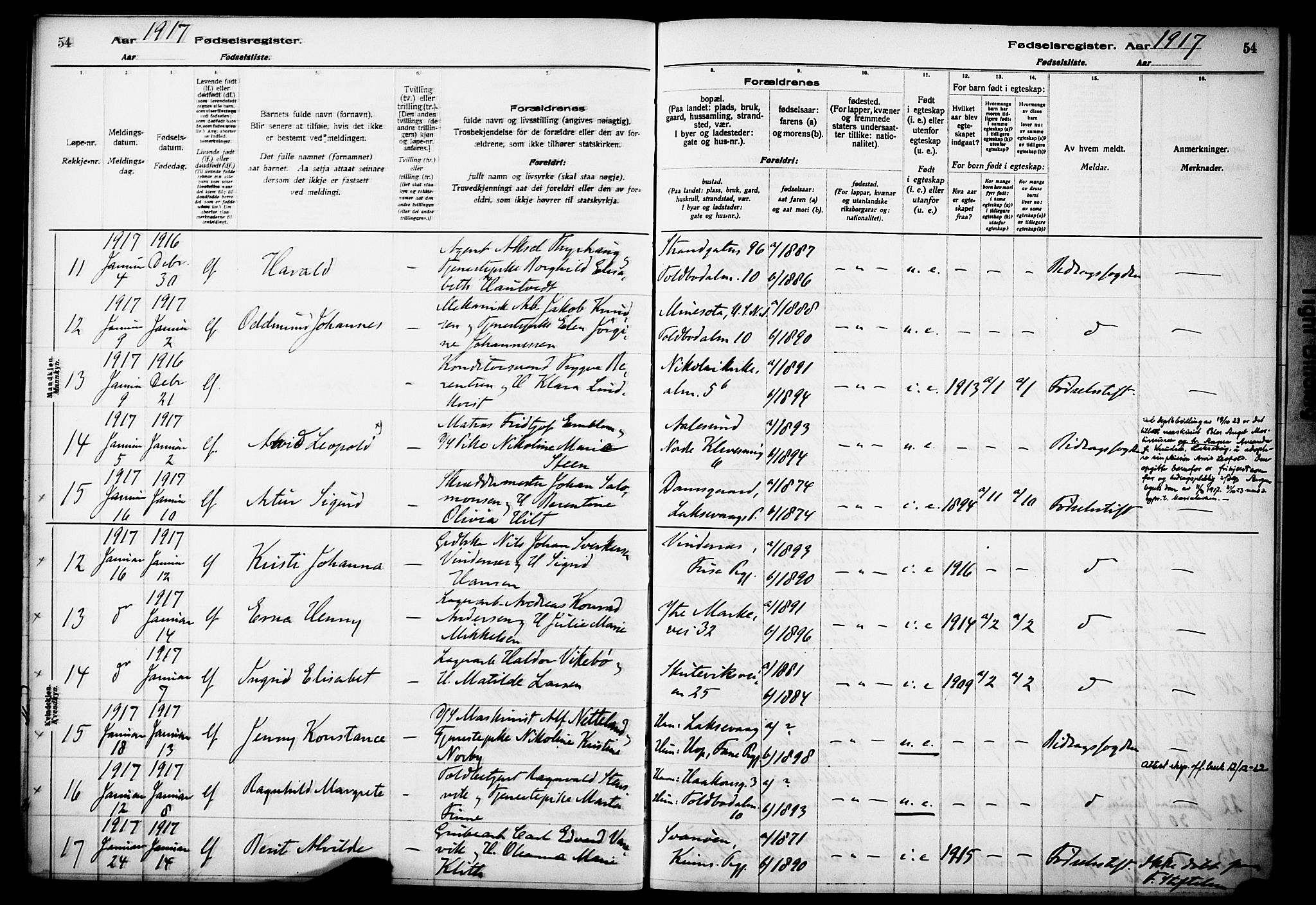 Kvinneklinikken, AV/SAB-A-76301/F/L0A01: Fødselsregister nr. A 1, 1916-1920, s. 54