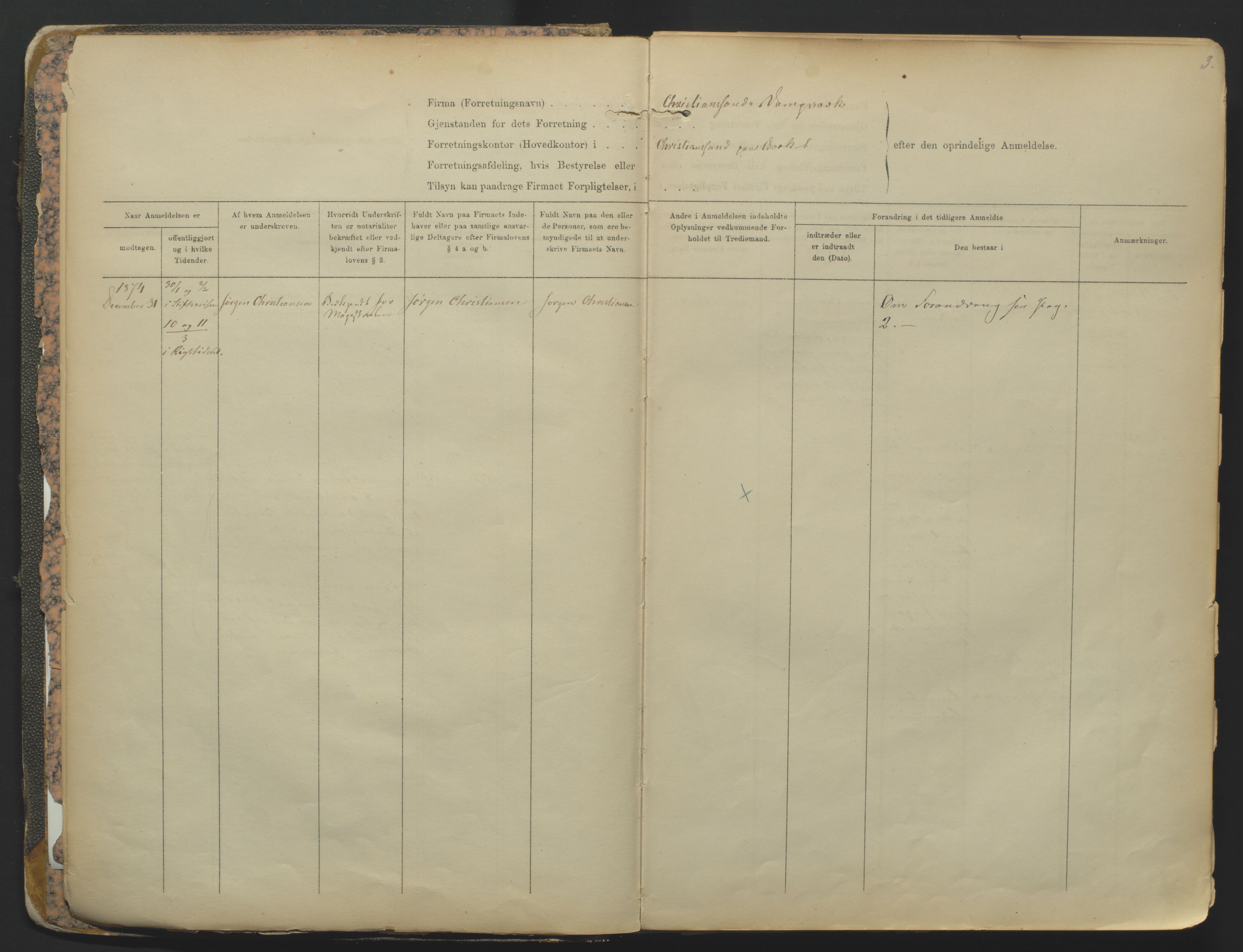 Kristiansand byrett, SAK/1223-0001/K/Kb/L0001: Firmaregister A, med register, 1874-1890, s. 3