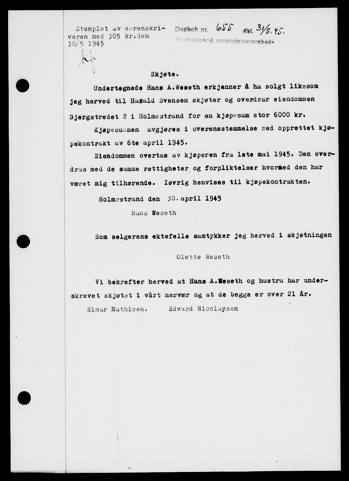Holmestrand sorenskriveri, SAKO/A-67/G/Ga/Gaa/L0059: Pantebok nr. A-59, 1945-1946, Dagboknr: 655/1945