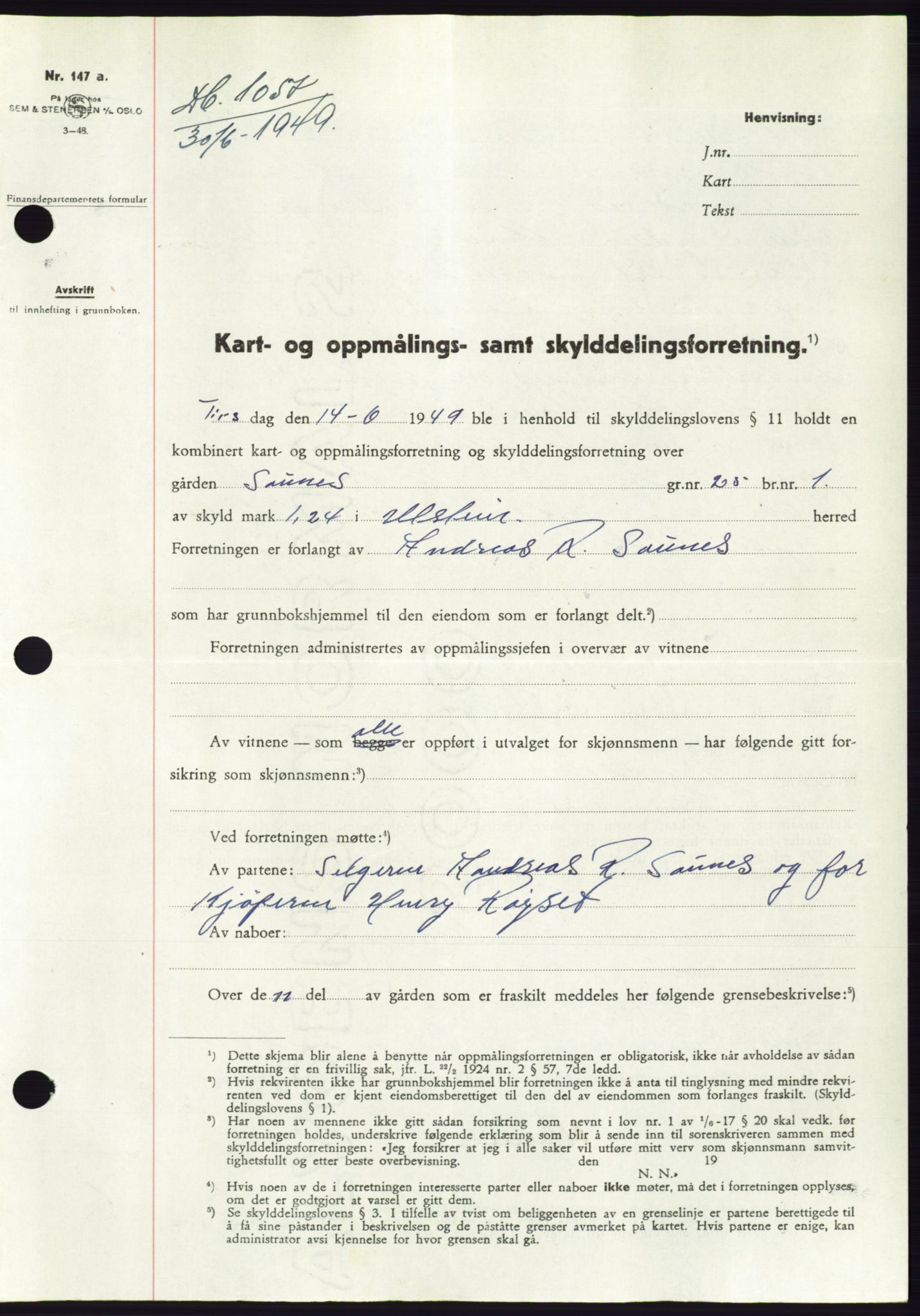 Søre Sunnmøre sorenskriveri, SAT/A-4122/1/2/2C/L0084: Pantebok nr. 10A, 1949-1949, Dagboknr: 1057/1949