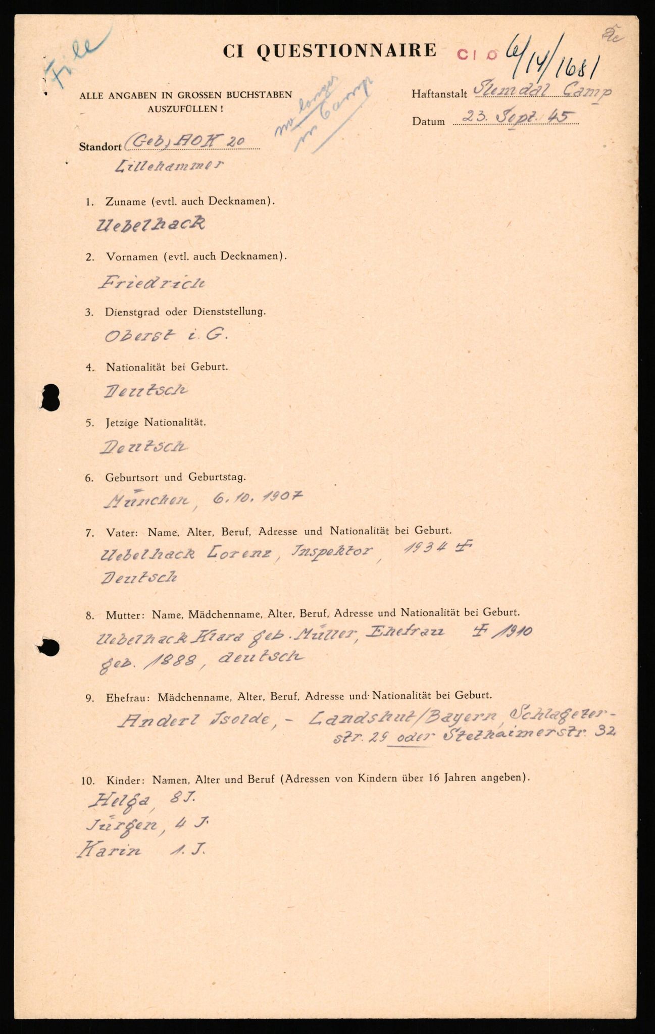 Forsvaret, Forsvarets overkommando II, AV/RA-RAFA-3915/D/Db/L0034: CI Questionaires. Tyske okkupasjonsstyrker i Norge. Tyskere., 1945-1946, s. 140