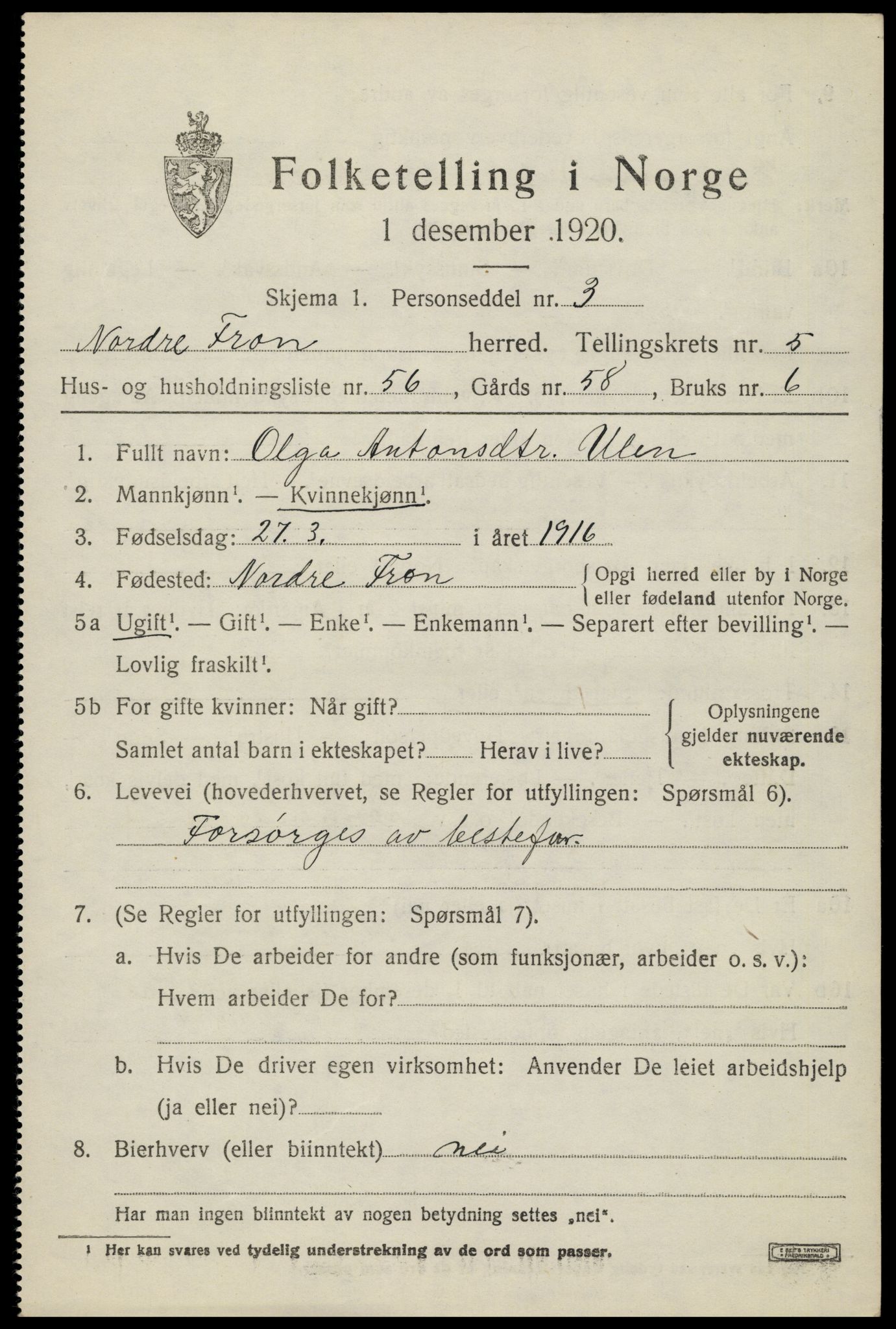 SAH, Folketelling 1920 for 0518 Nord-Fron herred, 1920, s. 5372