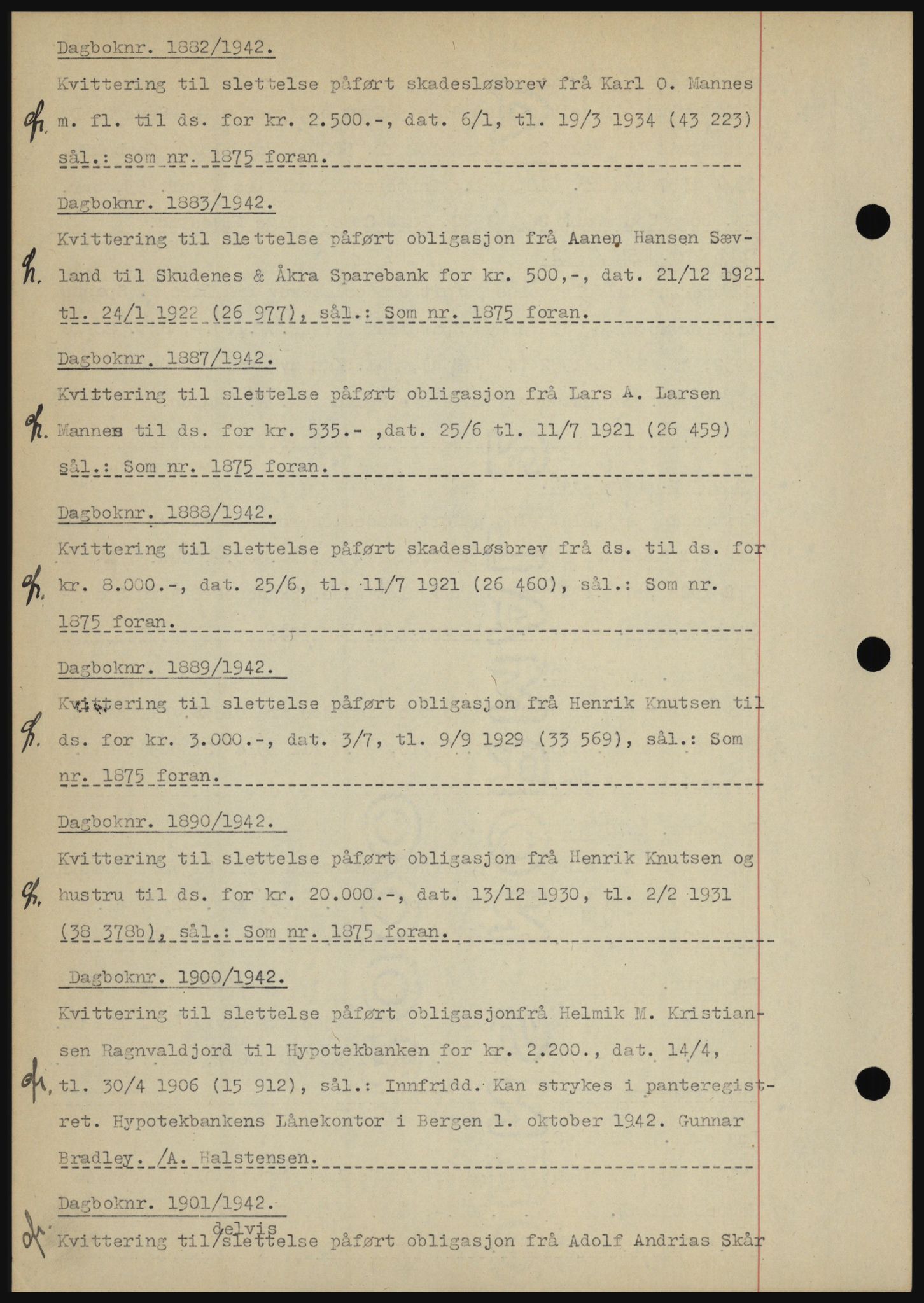 Karmsund sorenskriveri, SAST/A-100311/01/II/IIBBE/L0008: Pantebok nr. B 54, 1942-1943, Dagboknr: 1882/1942