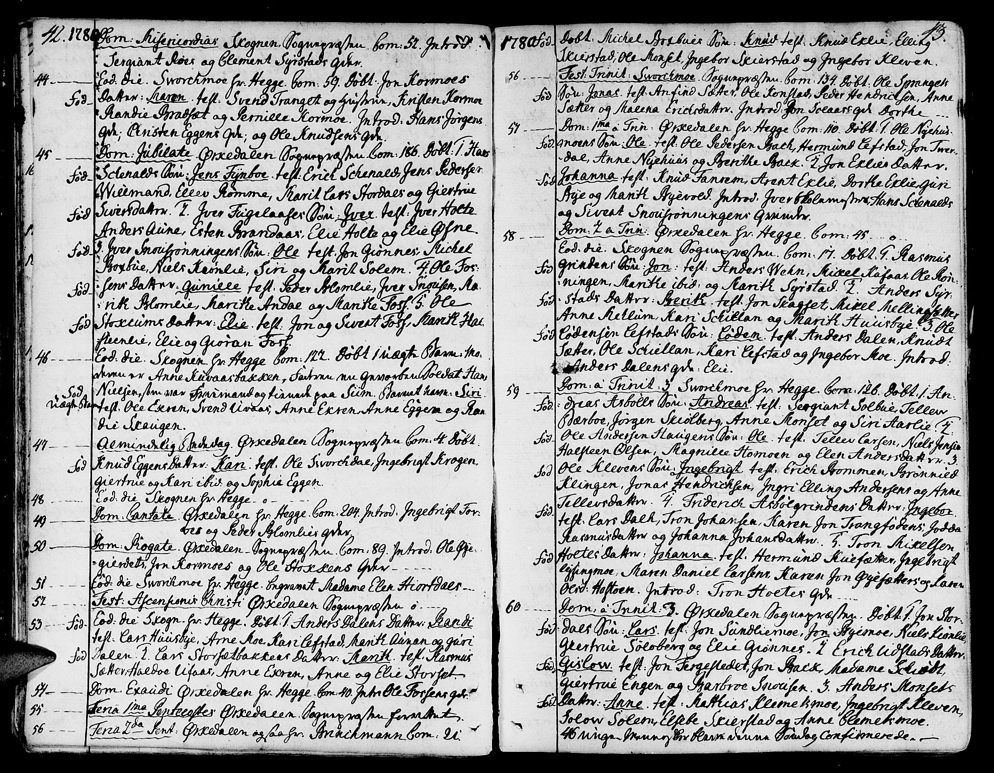Ministerialprotokoller, klokkerbøker og fødselsregistre - Sør-Trøndelag, SAT/A-1456/668/L0802: Ministerialbok nr. 668A02, 1776-1799, s. 42-43