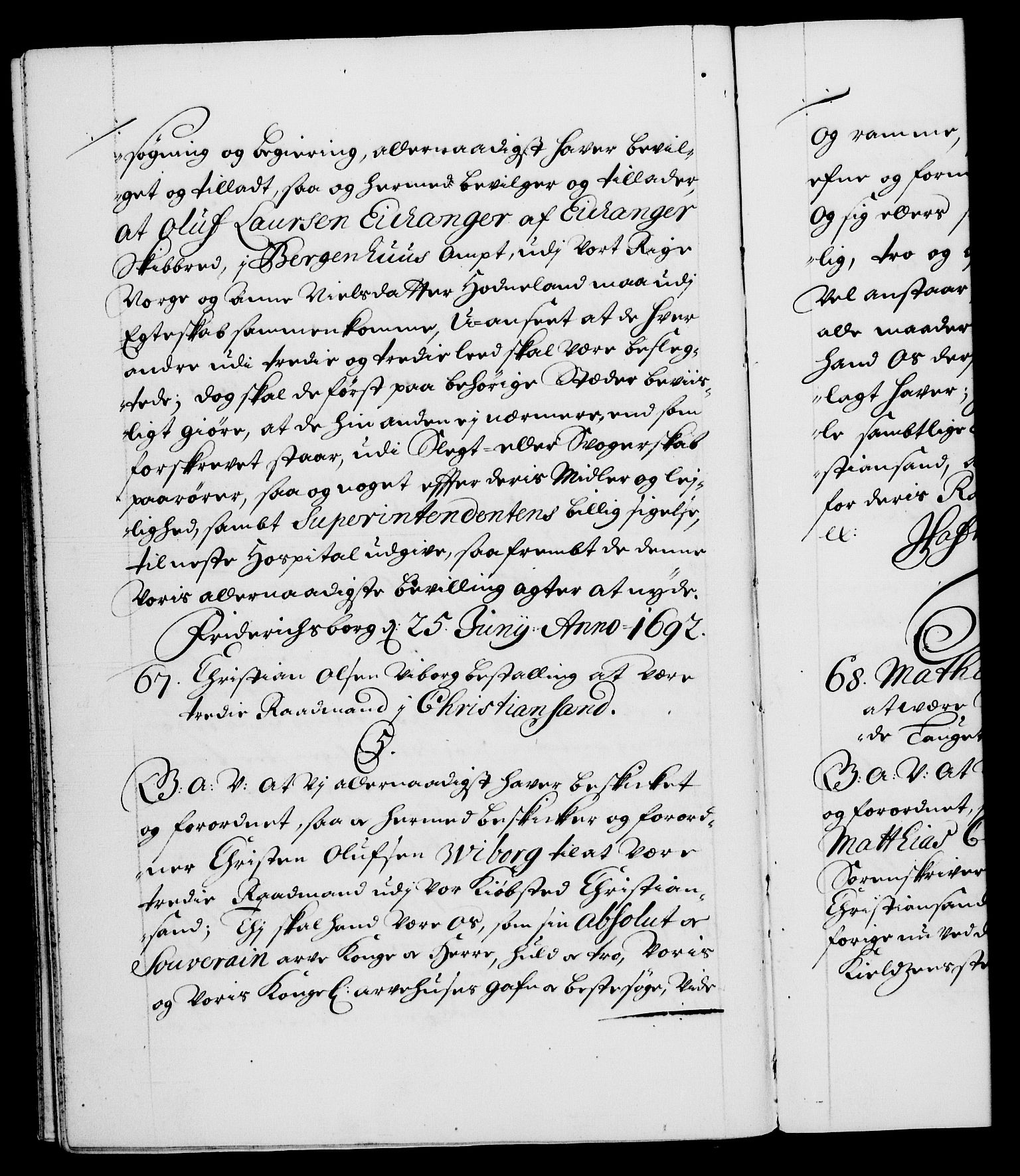 Danske Kanselli 1572-1799, RA/EA-3023/F/Fc/Fca/Fcaa/L0016: Norske registre (mikrofilm), 1692-1697, s. 33b