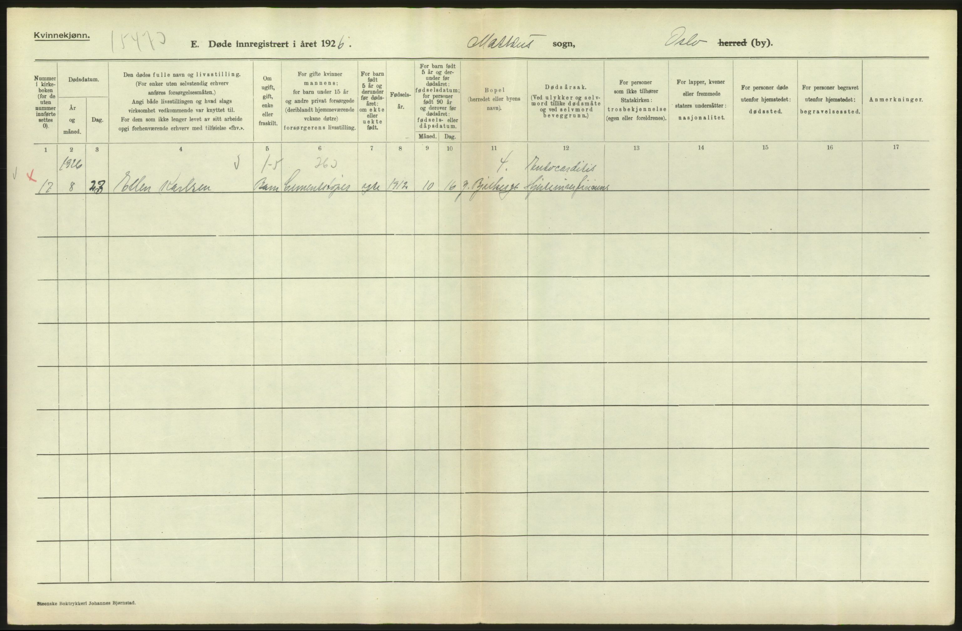 Statistisk sentralbyrå, Sosiodemografiske emner, Befolkning, AV/RA-S-2228/D/Df/Dfc/Dfcf/L0010: Oslo: Døde kvinner, dødfødte, 1926, s. 546