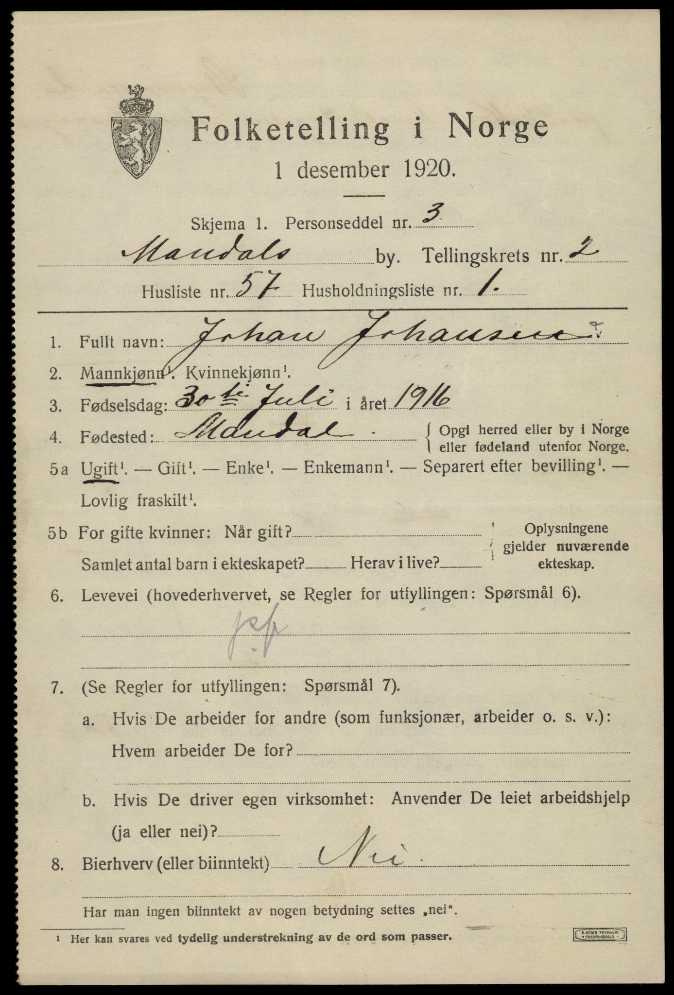 SAK, Folketelling 1920 for 1002 Mandal ladested, 1920, s. 4741