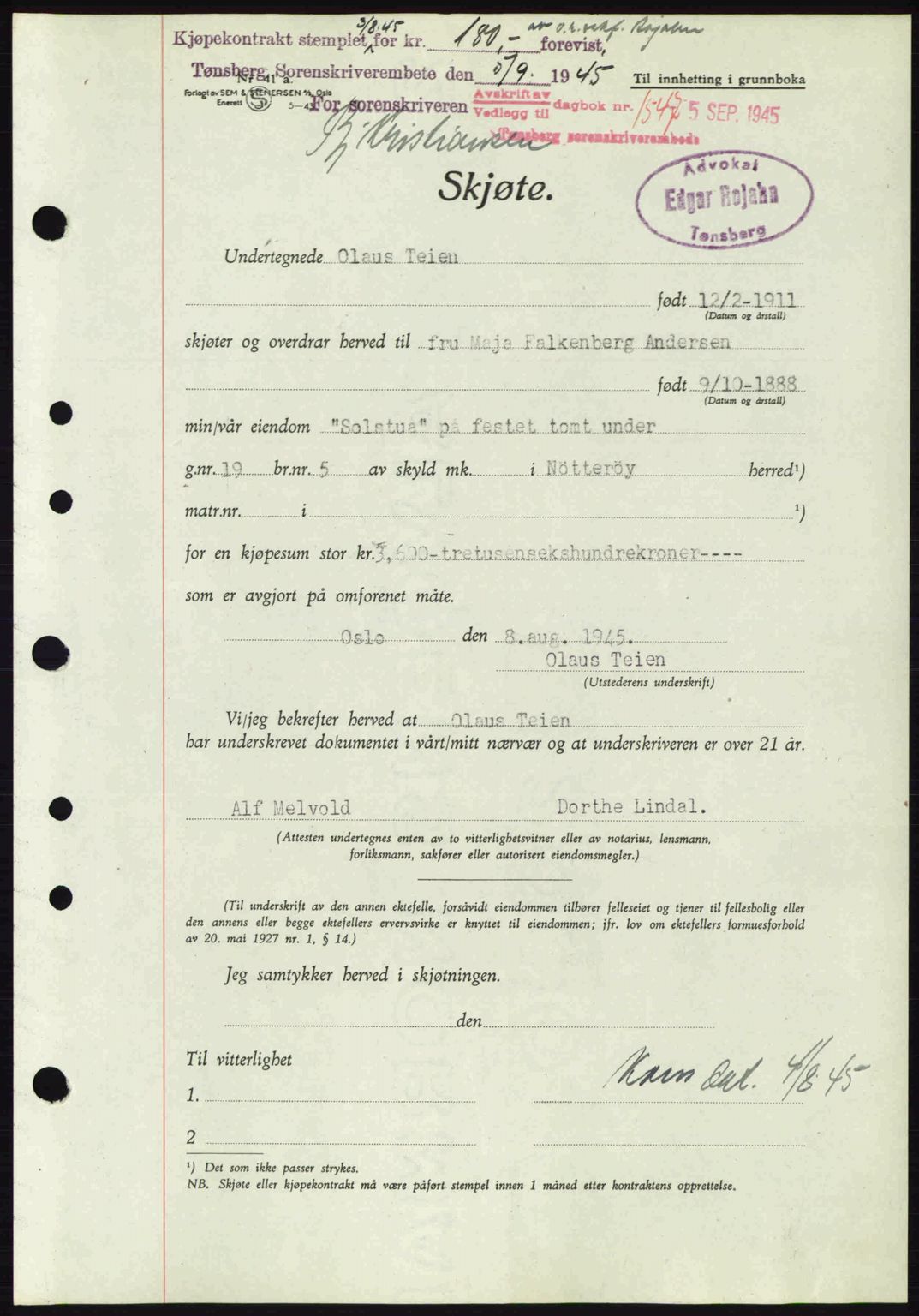 Tønsberg sorenskriveri, AV/SAKO-A-130/G/Ga/Gaa/L0017a: Pantebok nr. A17a, 1945-1945, Dagboknr: 1547/1945
