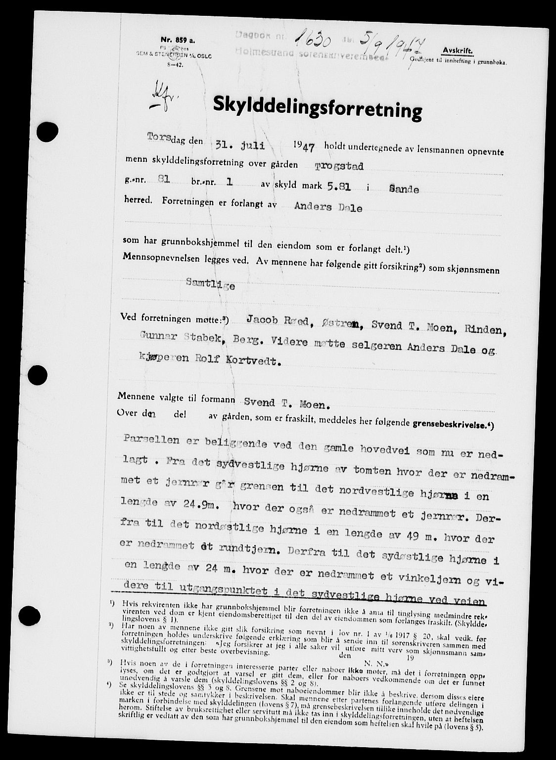 Holmestrand sorenskriveri, SAKO/A-67/G/Ga/Gaa/L0062: Pantebok nr. A-62, 1947-1947, Dagboknr: 1630/1947