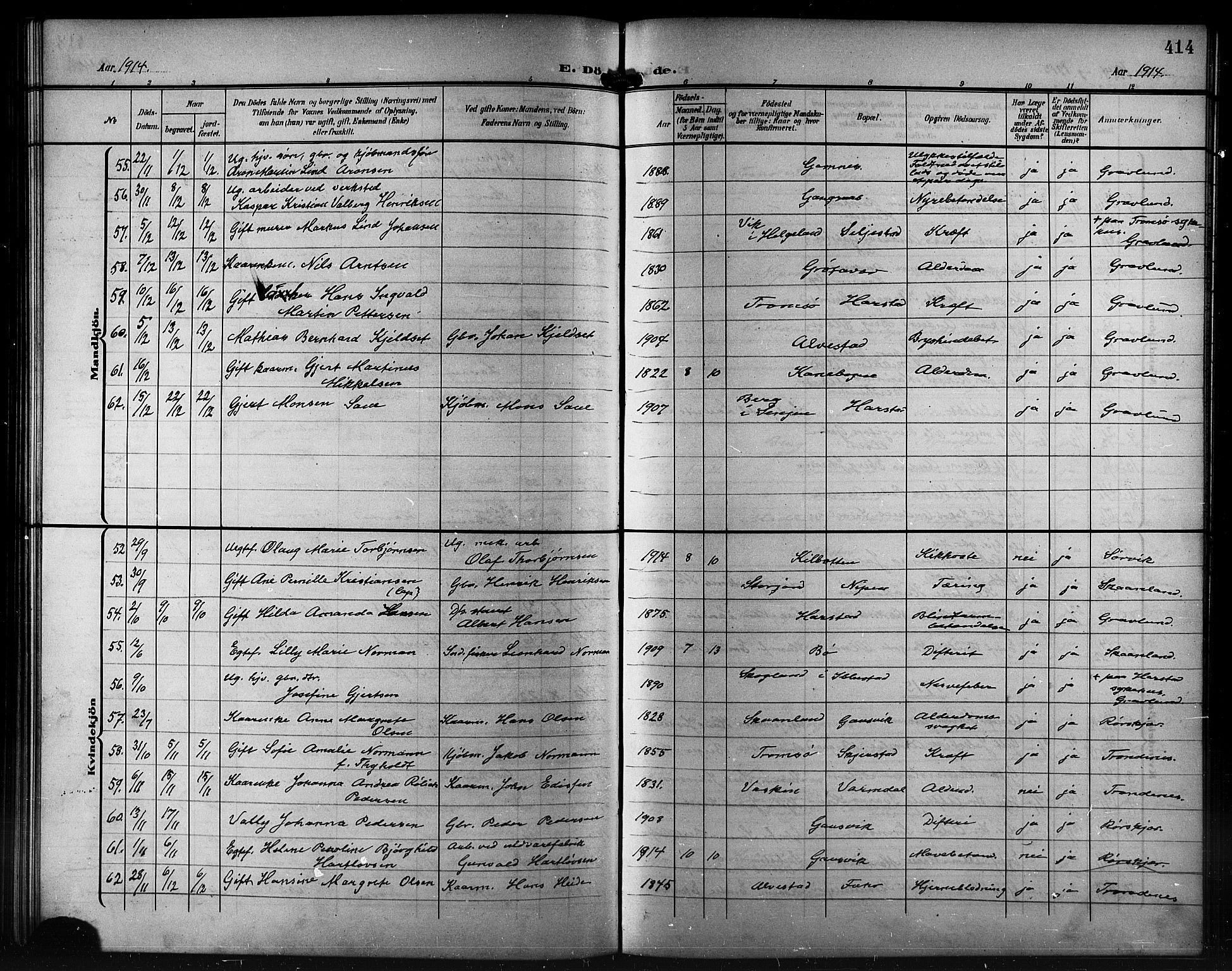 Trondenes sokneprestkontor, SATØ/S-1319/H/Hb/L0012klokker: Klokkerbok nr. 12, 1907-1916, s. 414