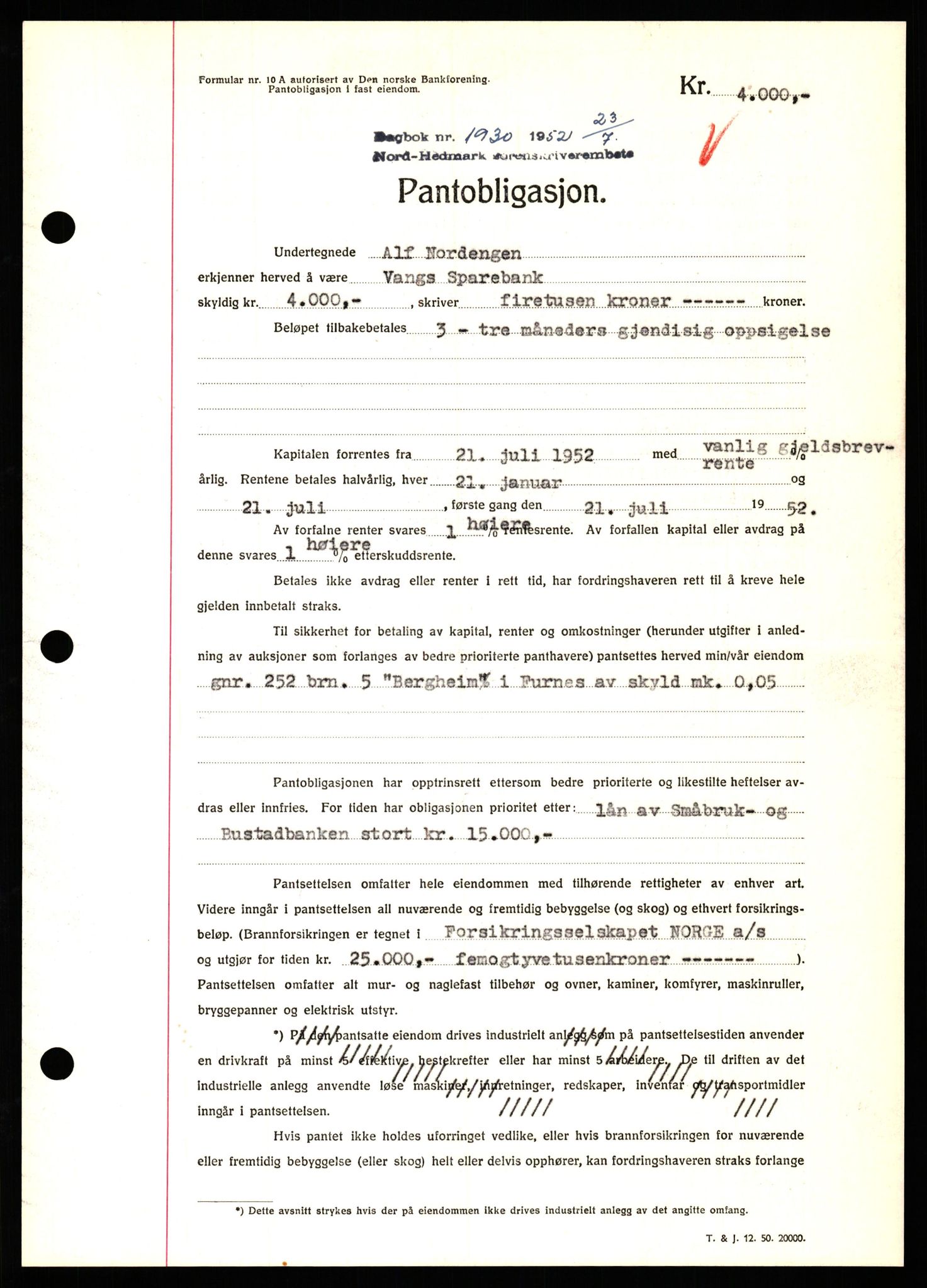 Nord-Hedmark sorenskriveri, SAH/TING-012/H/Hb/Hbf/L0025: Pantebok nr. B25, 1952-1952, Dagboknr: 1930/1952