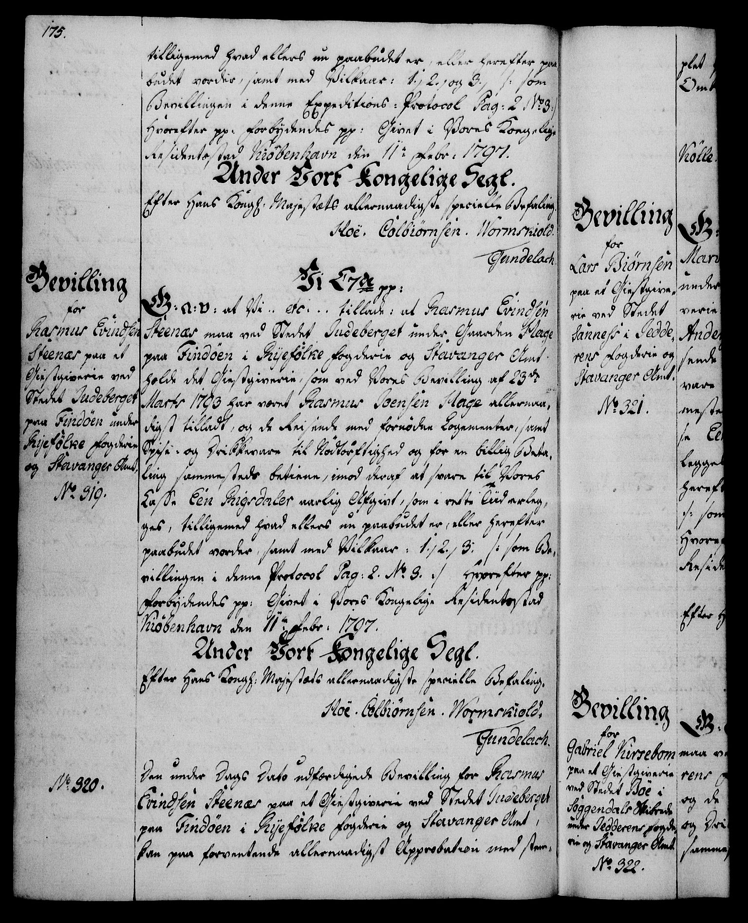 Rentekammeret, Kammerkanselliet, RA/EA-3111/G/Gg/Gga/L0016: Norsk ekspedisjonsprotokoll med register (merket RK 53.16), 1794-1800, s. 175