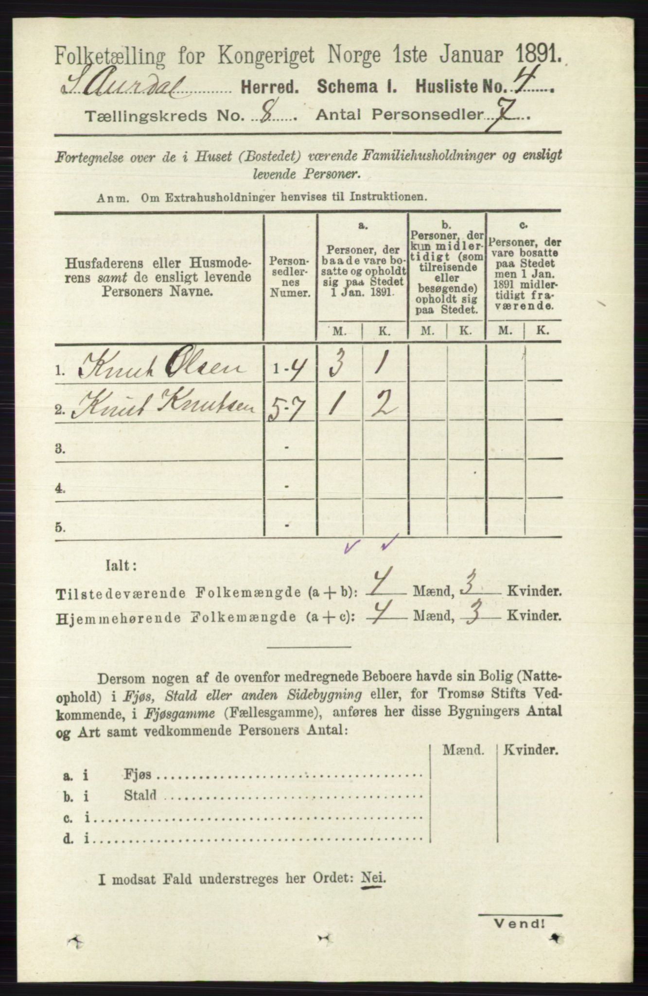 RA, Folketelling 1891 for 0540 Sør-Aurdal herred, 1891, s. 4754