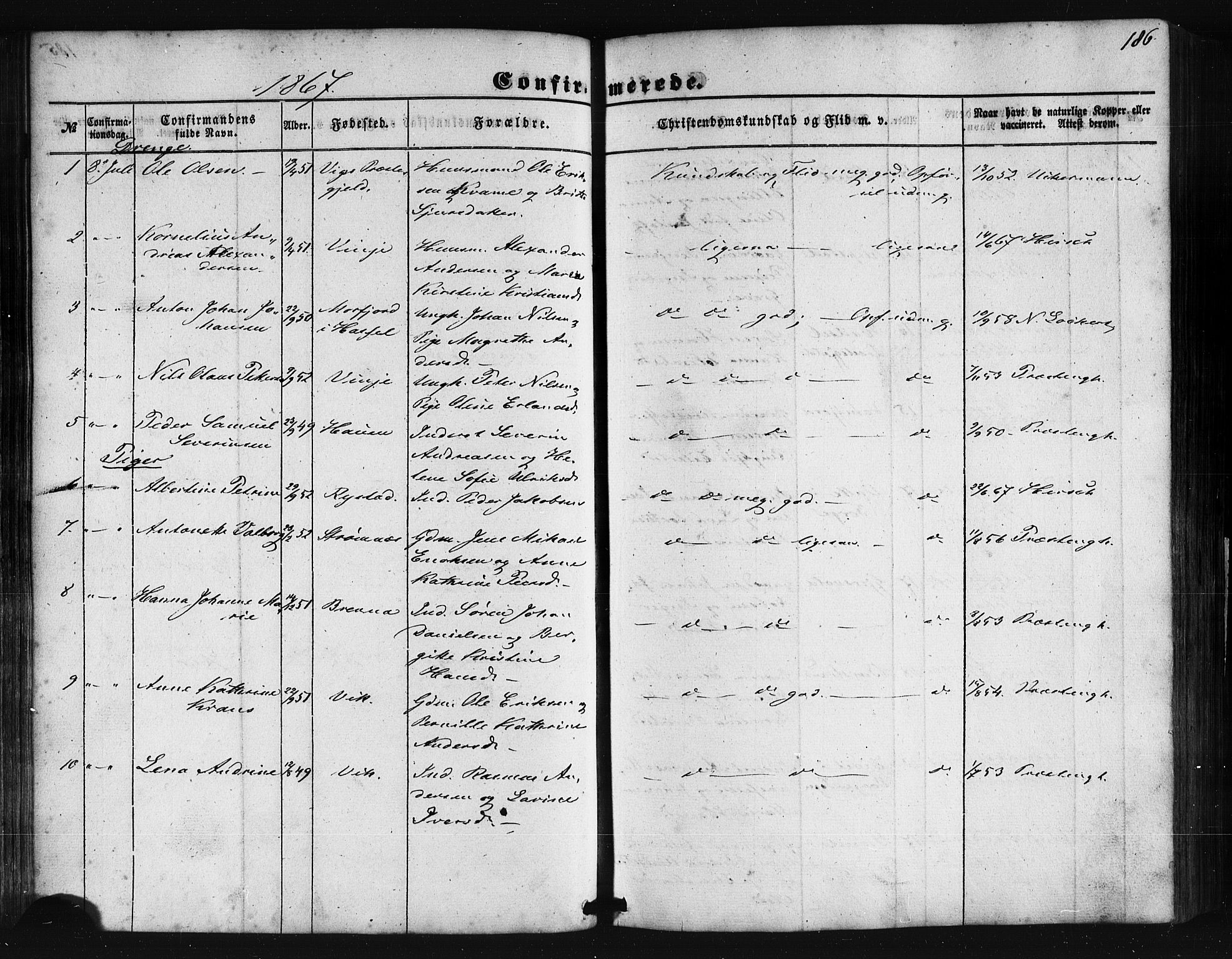 Ministerialprotokoller, klokkerbøker og fødselsregistre - Nordland, AV/SAT-A-1459/876/L1095: Ministerialbok nr. 876A01, 1863-1885, s. 186