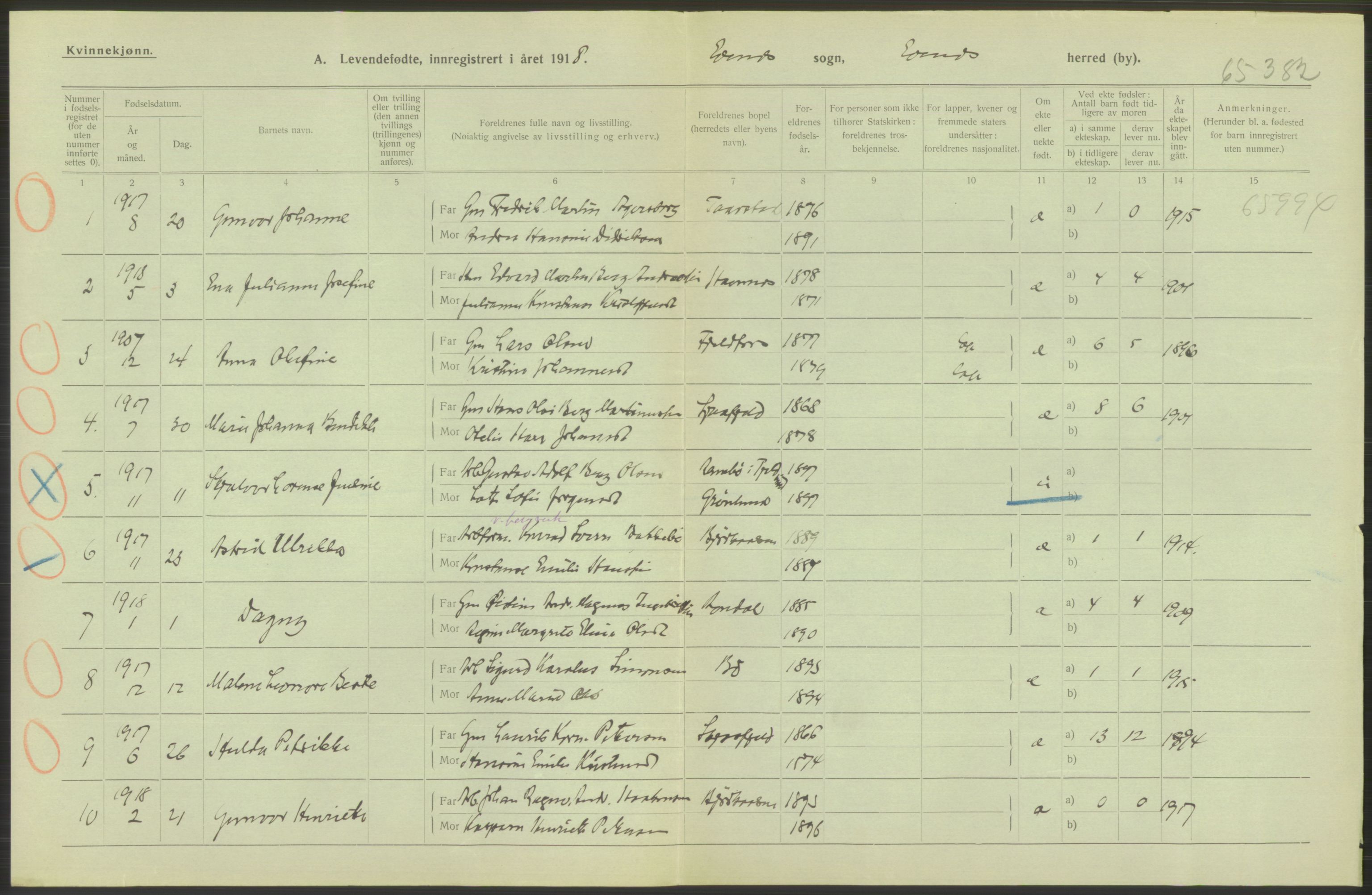 Statistisk sentralbyrå, Sosiodemografiske emner, Befolkning, AV/RA-S-2228/D/Df/Dfb/Dfbh/L0052: Nordland fylke: Levendefødte menn og kvinner. Bygder., 1918, s. 328