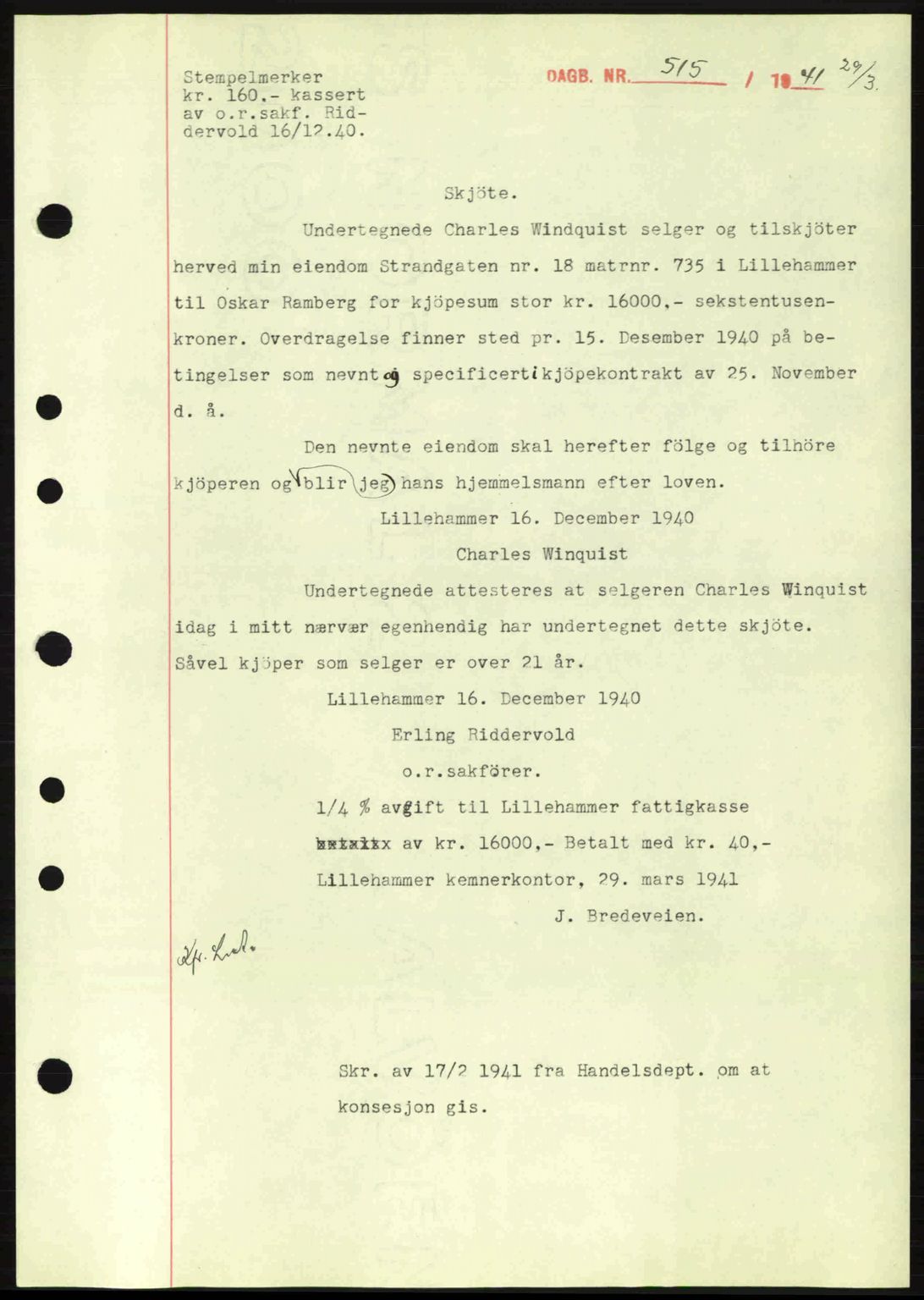 Sør-Gudbrandsdal tingrett, SAH/TING-004/H/Hb/Hbd/L0008: Pantebok nr. A8, 1940-1941, Dagboknr: 515/1941