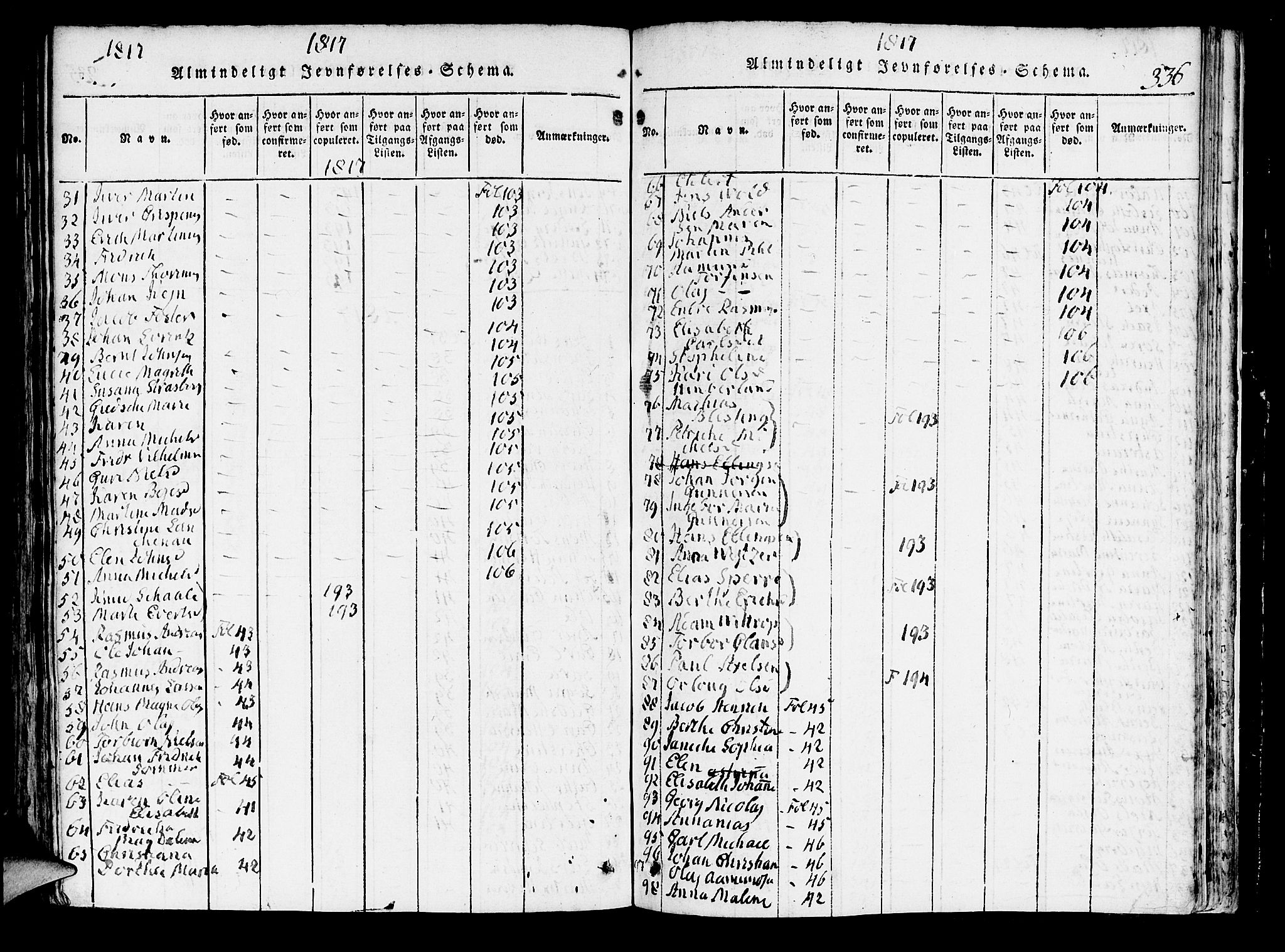 Domkirken sokneprestembete, SAB/A-74801/H/Hab/L0001: Klokkerbok nr. A 1, 1816-1821, s. 336