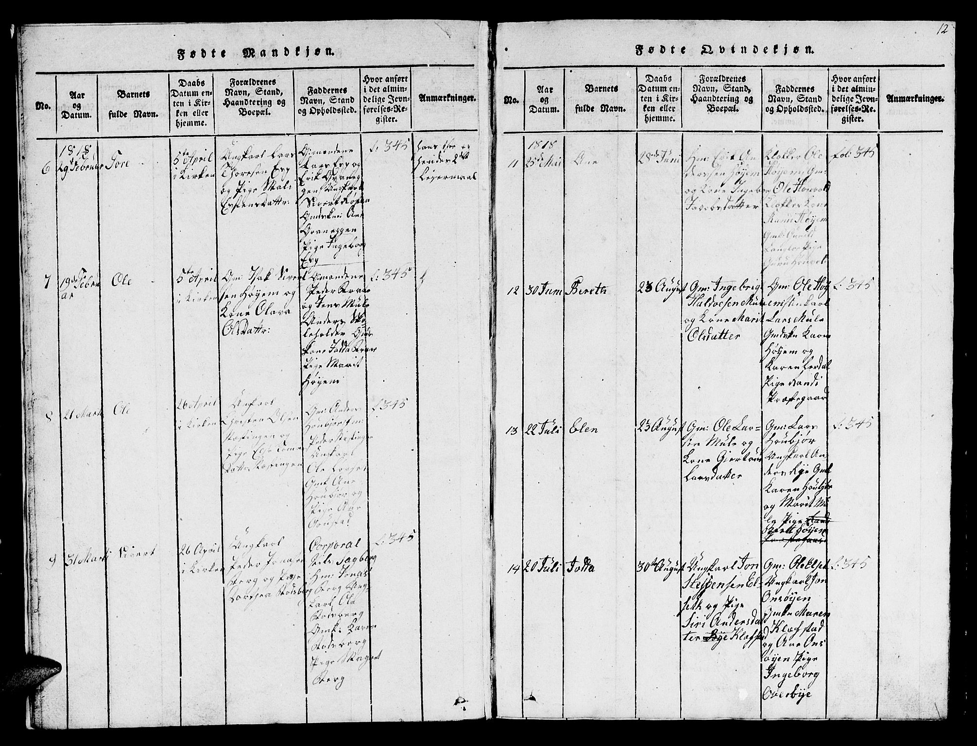 Ministerialprotokoller, klokkerbøker og fødselsregistre - Sør-Trøndelag, AV/SAT-A-1456/612/L0385: Klokkerbok nr. 612C01, 1816-1845, s. 12