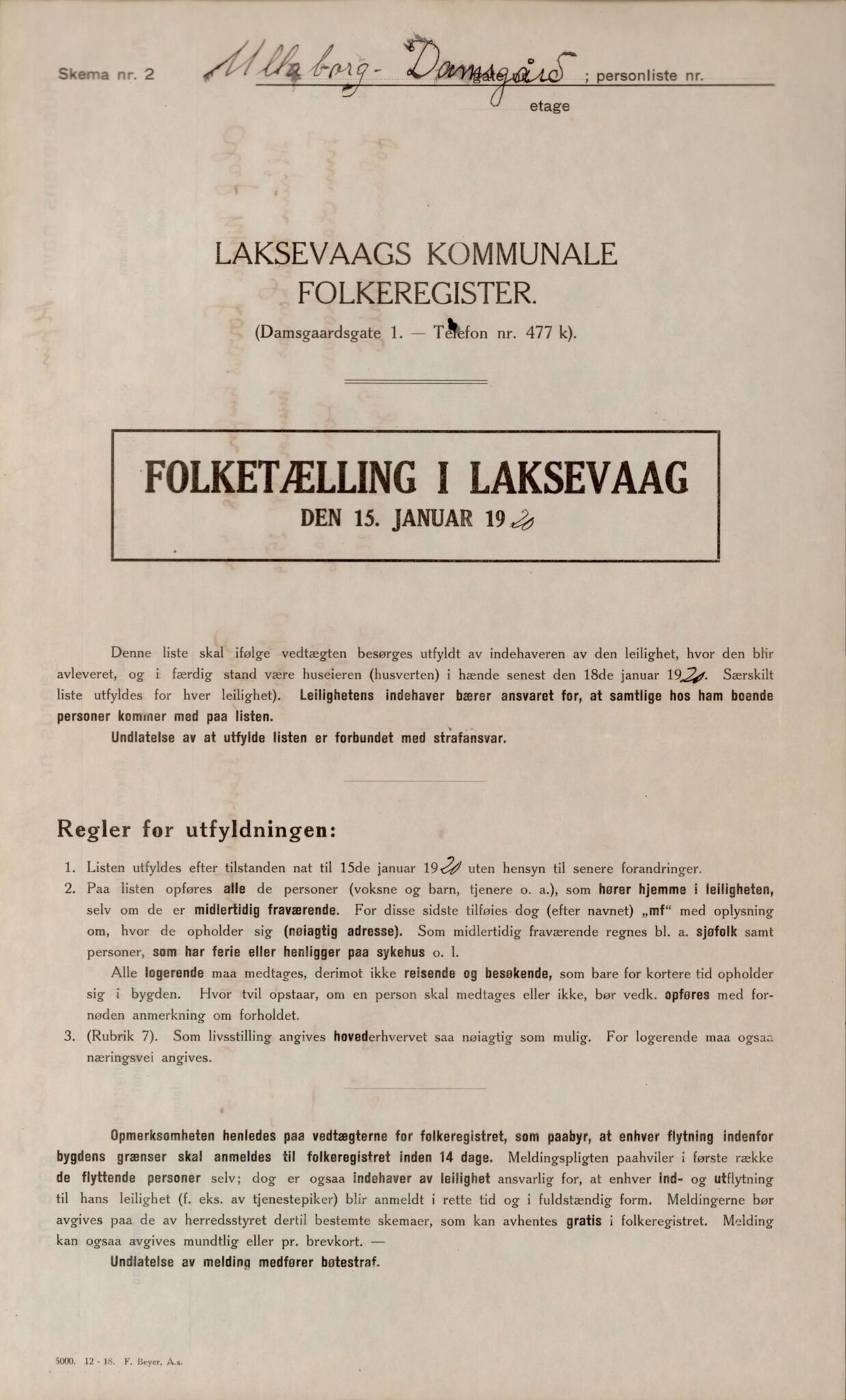 Laksevåg kommune. Folkeregisteret, BBA/A-1586/E/Ea/L0001: Folketellingskjema 1920, 1920, s. 4