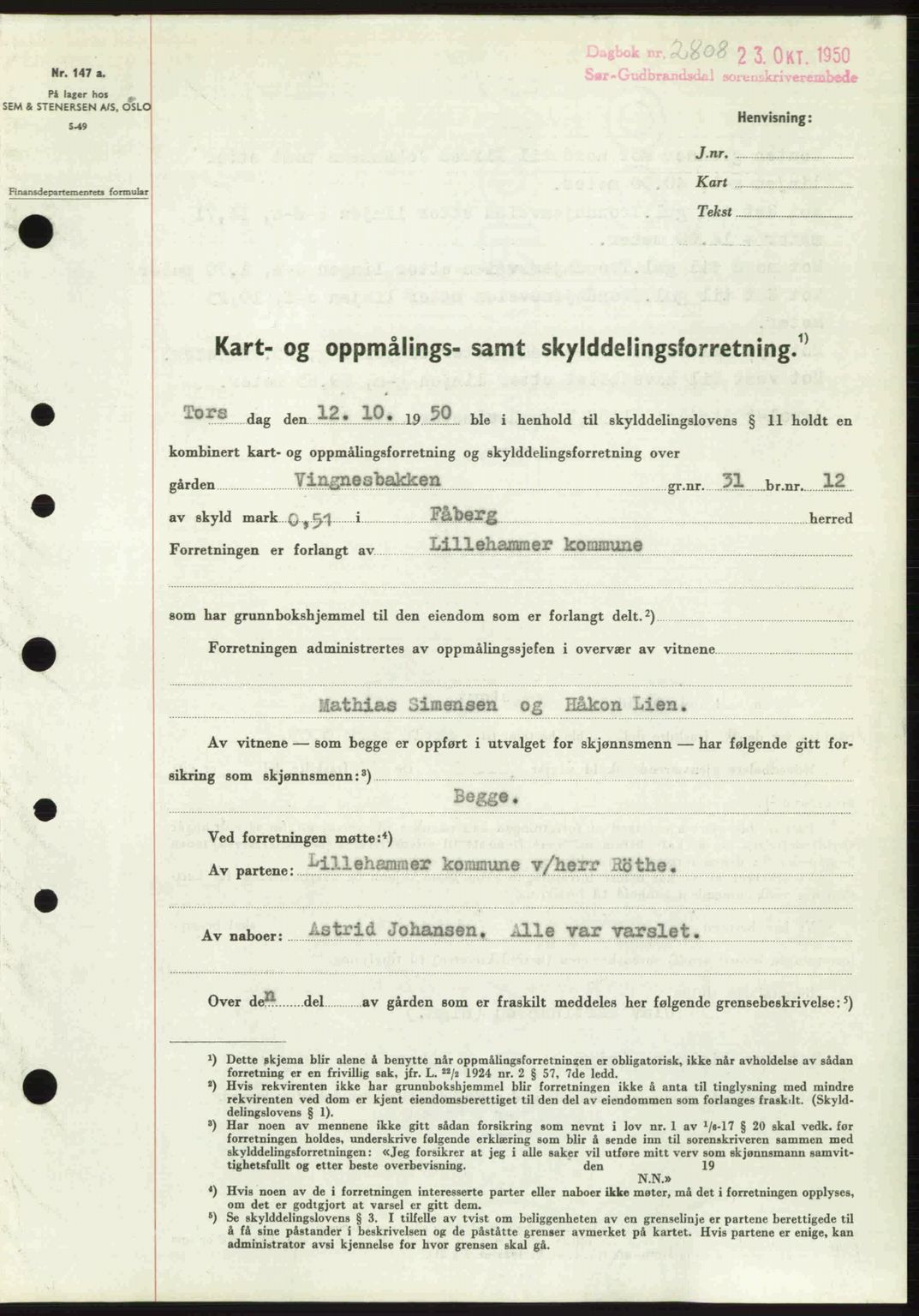 Sør-Gudbrandsdal tingrett, SAH/TING-004/H/Hb/Hbd/L0029: Pantebok nr. A29, 1950-1950, Dagboknr: 2808/1950