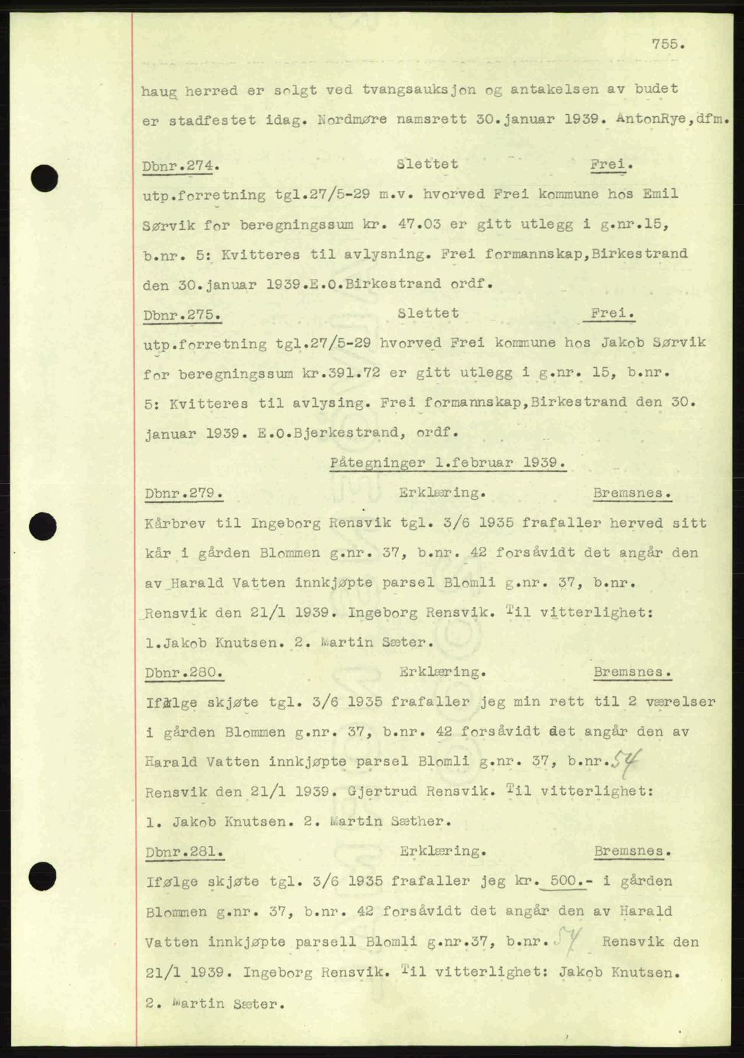Nordmøre sorenskriveri, SAT/A-4132/1/2/2Ca: Pantebok nr. C80, 1936-1939, Dagboknr: 274/1939