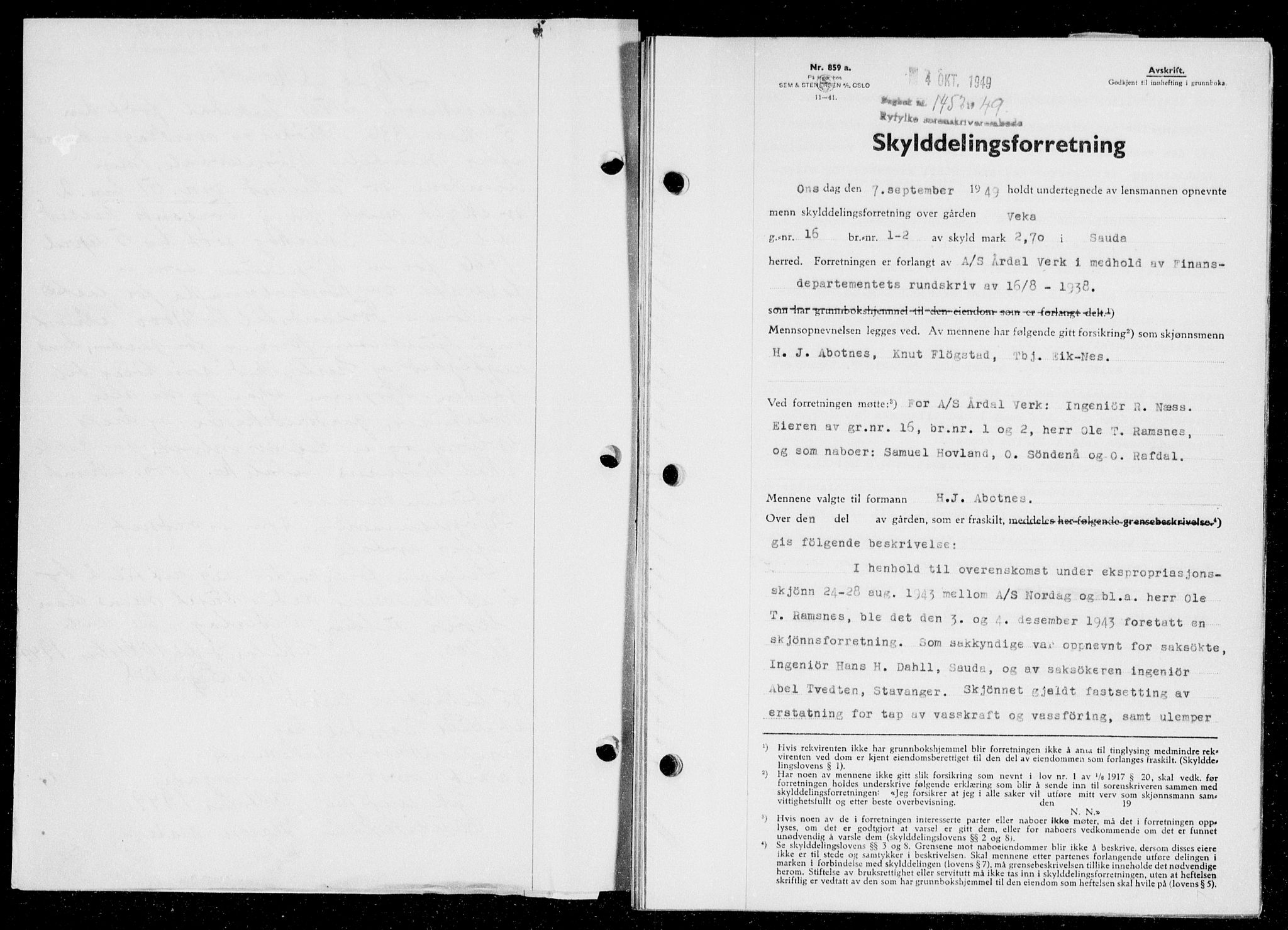 Ryfylke tingrett, SAST/A-100055/001/II/IIB/L0108: Pantebok nr. 87, 1949-1950, Dagboknr: 1457/1949