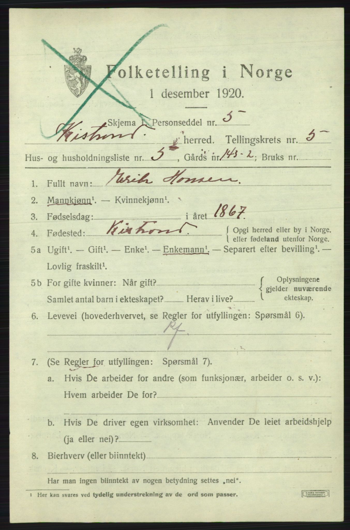 SATØ, Folketelling 1920 for 2020 Kistrand herred, 1920, s. 3124