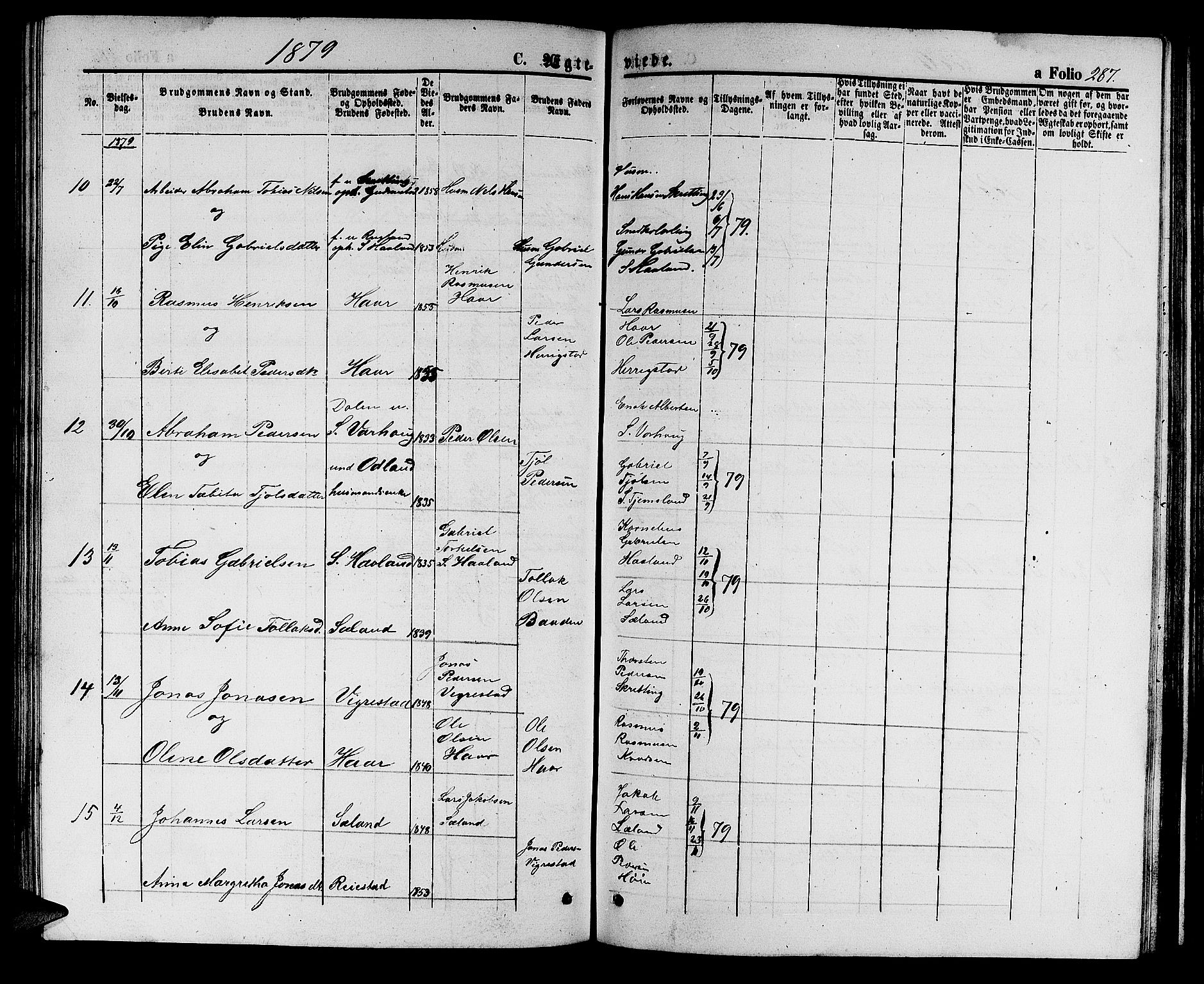 Hå sokneprestkontor, AV/SAST-A-101801/001/30BB/L0002: Klokkerbok nr. B 2, 1854-1883, s. 287
