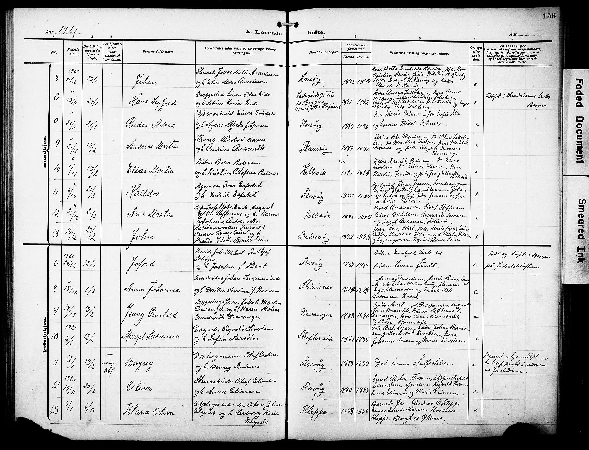 Askøy Sokneprestembete, AV/SAB-A-74101/H/Ha/Hab/Haba/L0011: Klokkerbok nr. A 11, 1908-1931, s. 156