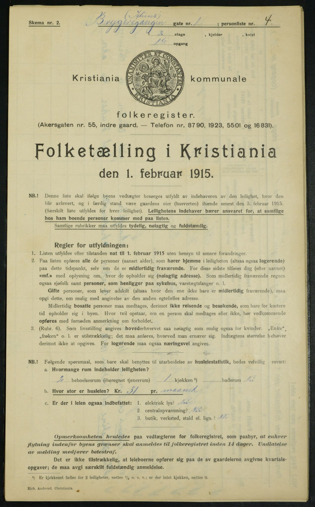 OBA, Kommunal folketelling 1.2.1915 for Kristiania, 1915, s. 9915