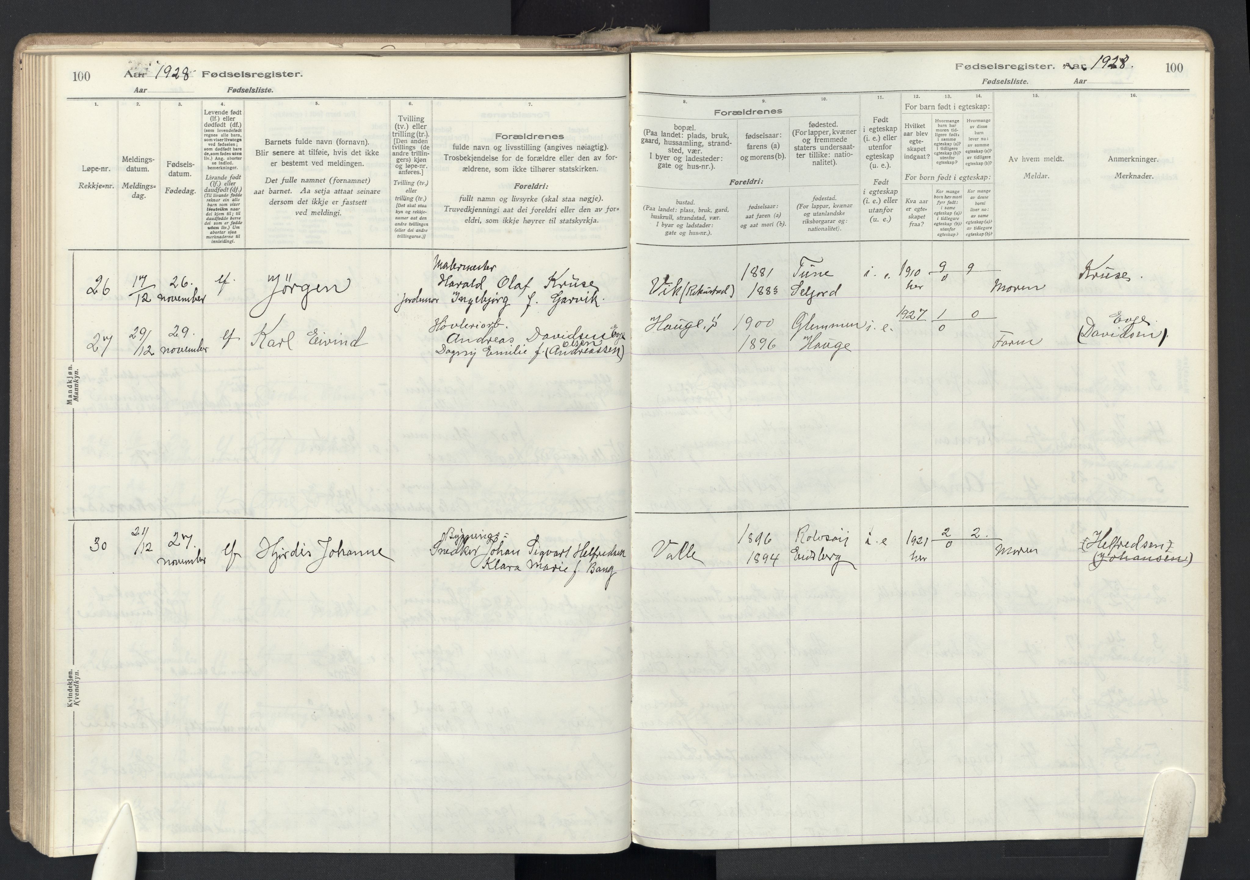 Rolvsøy prestekontor Kirkebøker, SAO/A-2004/J/Ja/L0001: Fødselsregister nr. 1, 1916-1946, s. 100