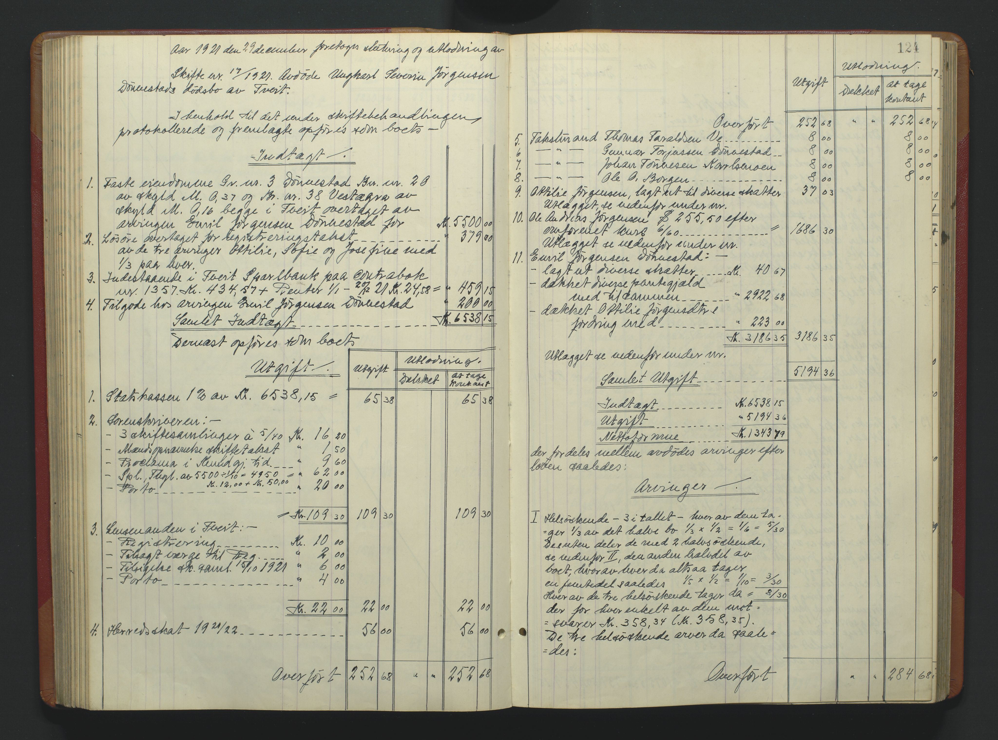 Torridal sorenskriveri, AV/SAK-1221-0012/H/Hc/L0037: Skifteutlodningsprotokoll med navneregister nr. 6, 1918-1927, s. 124