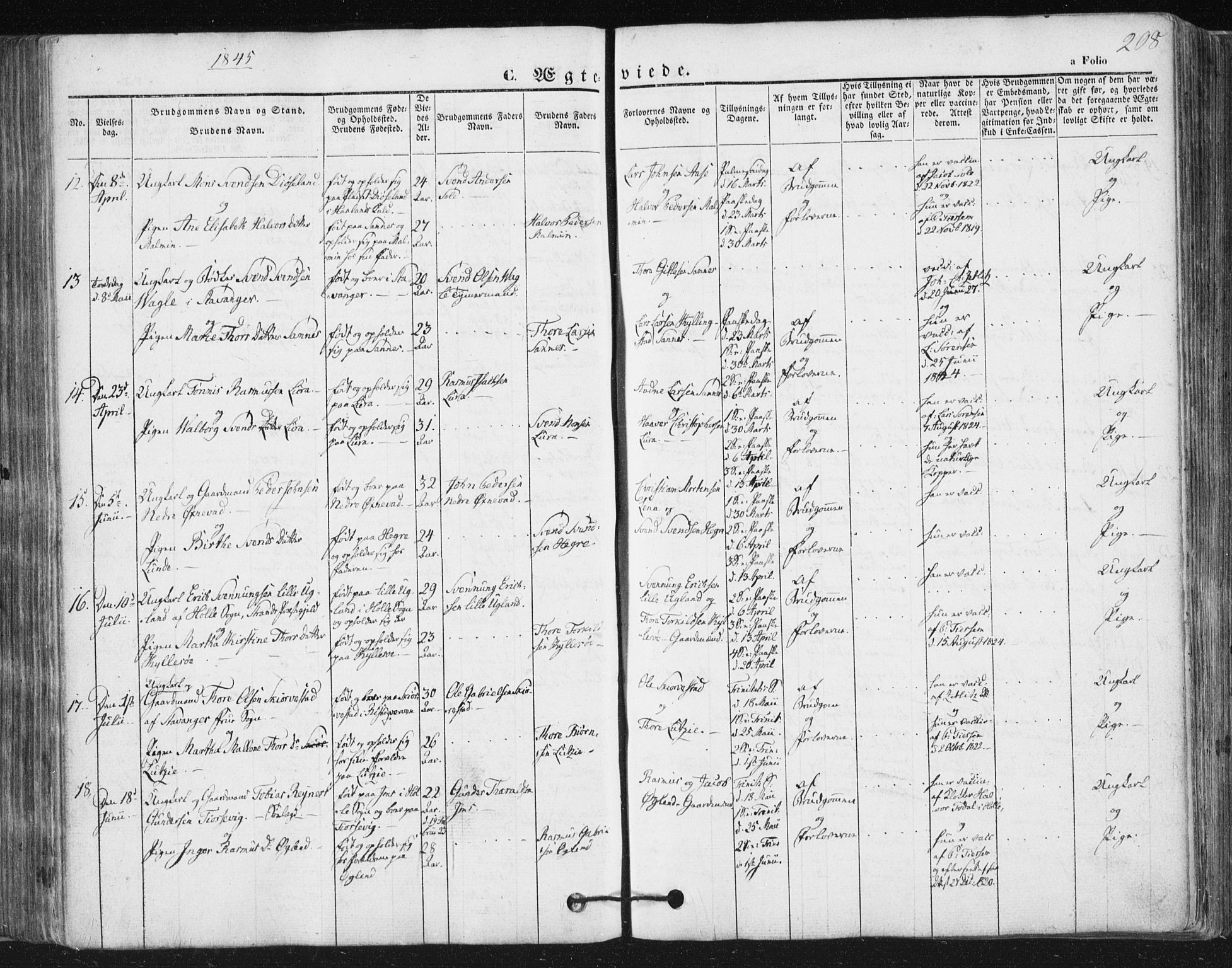 Høyland sokneprestkontor, AV/SAST-A-101799/001/30BA/L0008: Ministerialbok nr. A 8, 1841-1856, s. 208