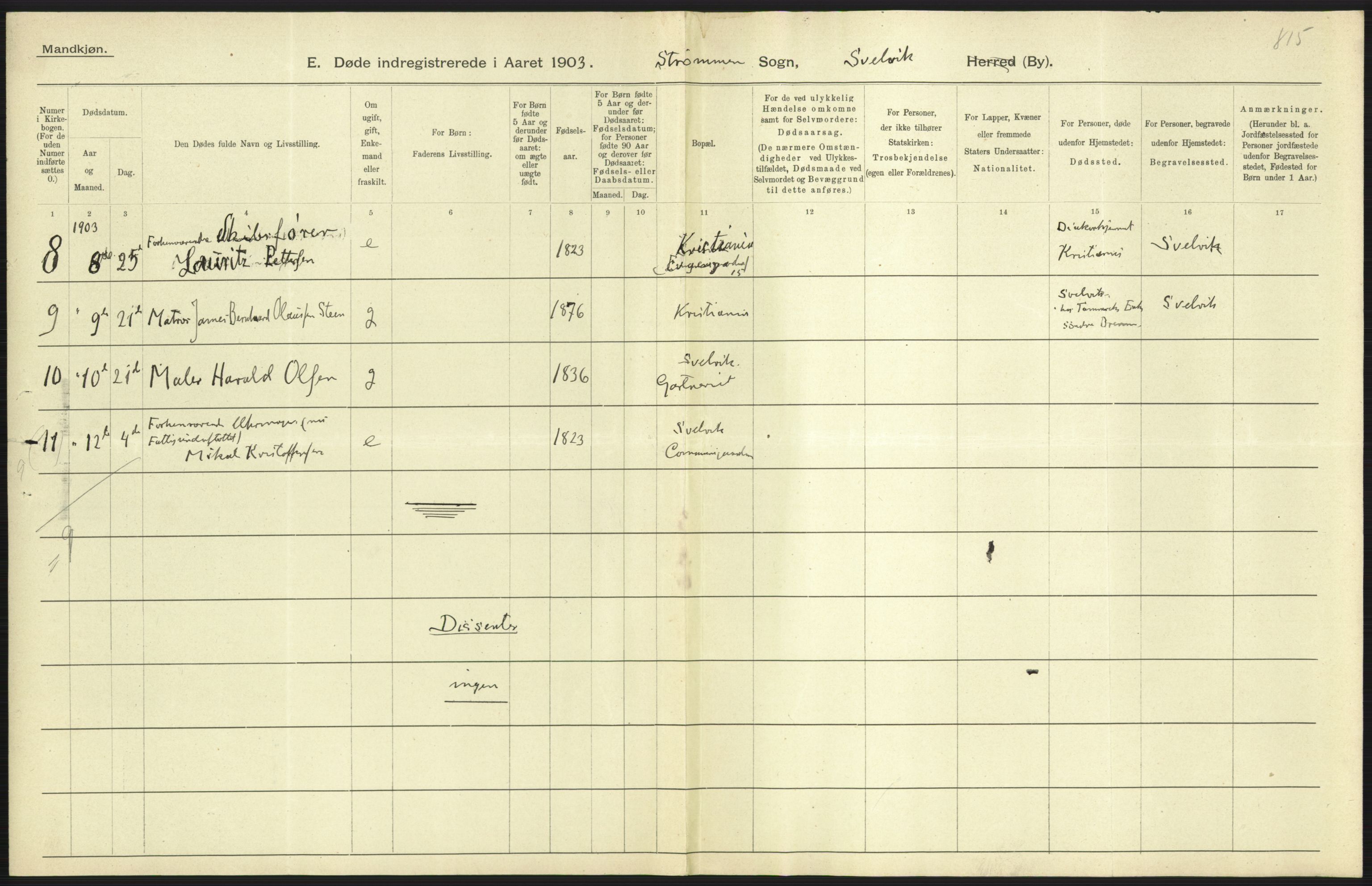 Statistisk sentralbyrå, Sosiodemografiske emner, Befolkning, AV/RA-S-2228/D/Df/Dfa/Dfaa/L0008: Jarlsberg og Larvik amt: Fødte, gifte, døde, 1903, s. 641