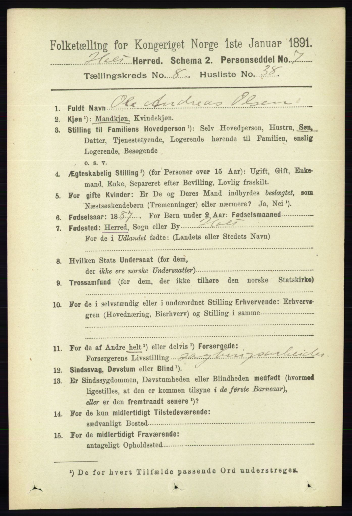 RA, Folketelling 1891 for 0914 Holt herred, 1891, s. 3749
