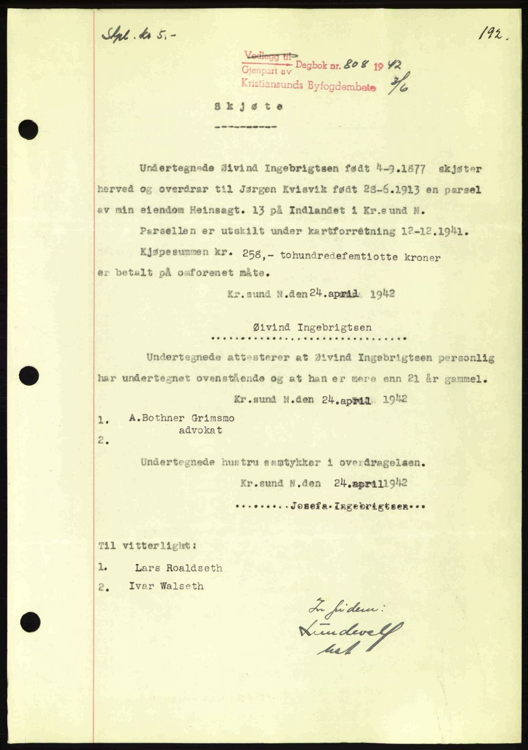 Kristiansund byfogd, AV/SAT-A-4587/A/27: Pantebok nr. 34, 1941-1945, Dagboknr: 808/1942