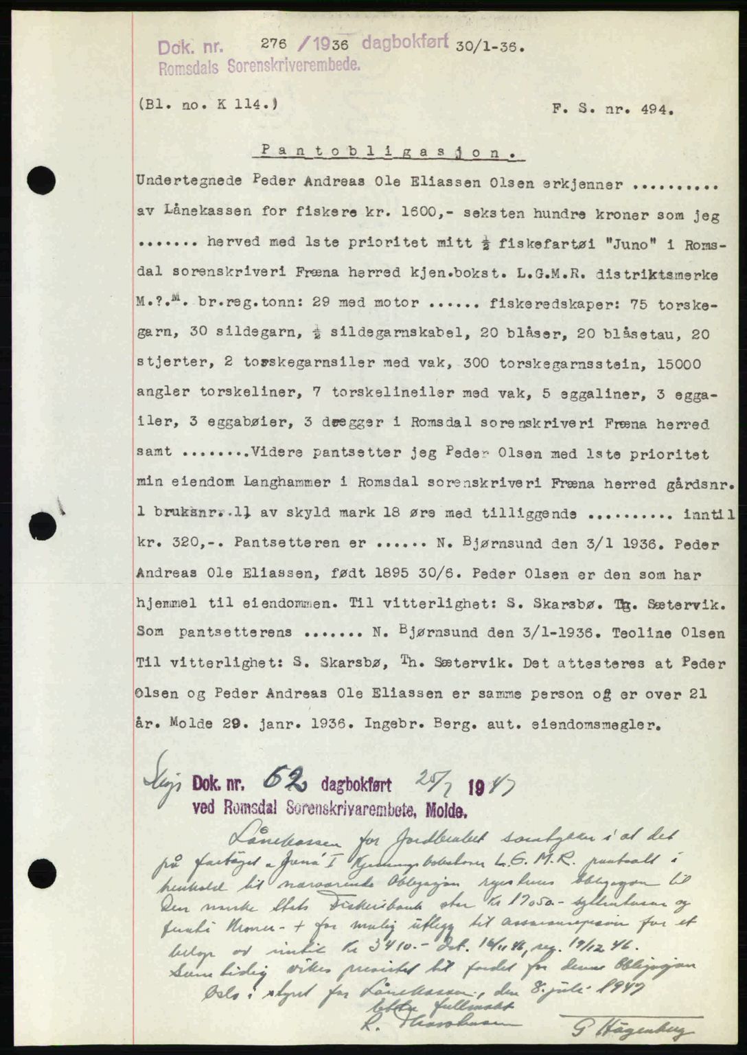 Romsdal sorenskriveri, SAT/A-4149/1/2/2C: Pantebok nr. B1, 1936-1939, Dagboknr: 276/1936