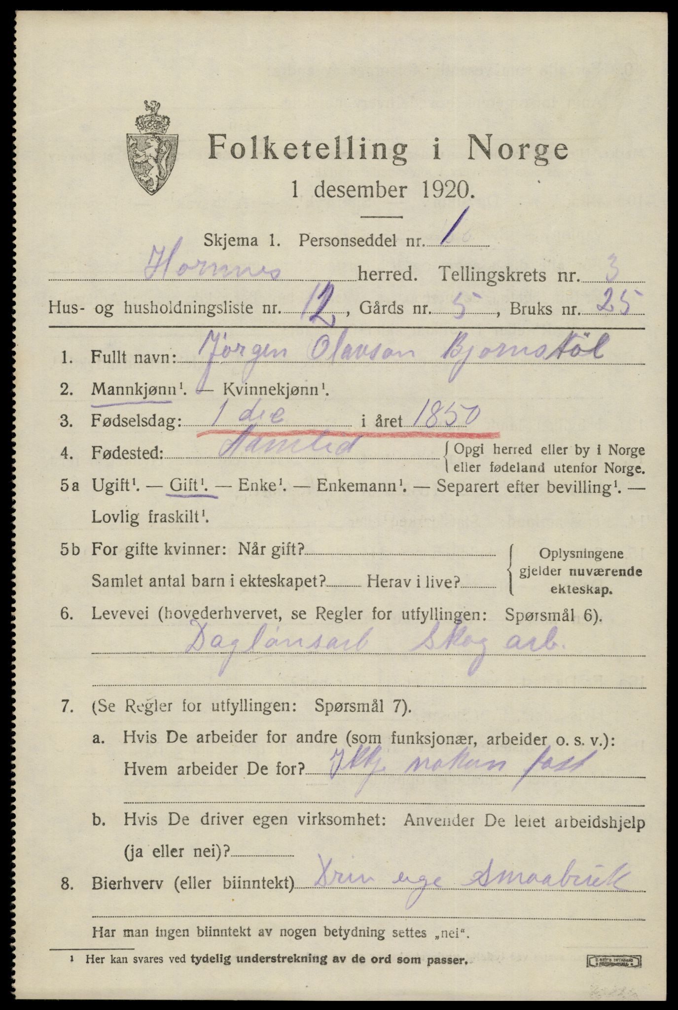 SAK, Folketelling 1920 for 0936 Hornnes herred, 1920, s. 929