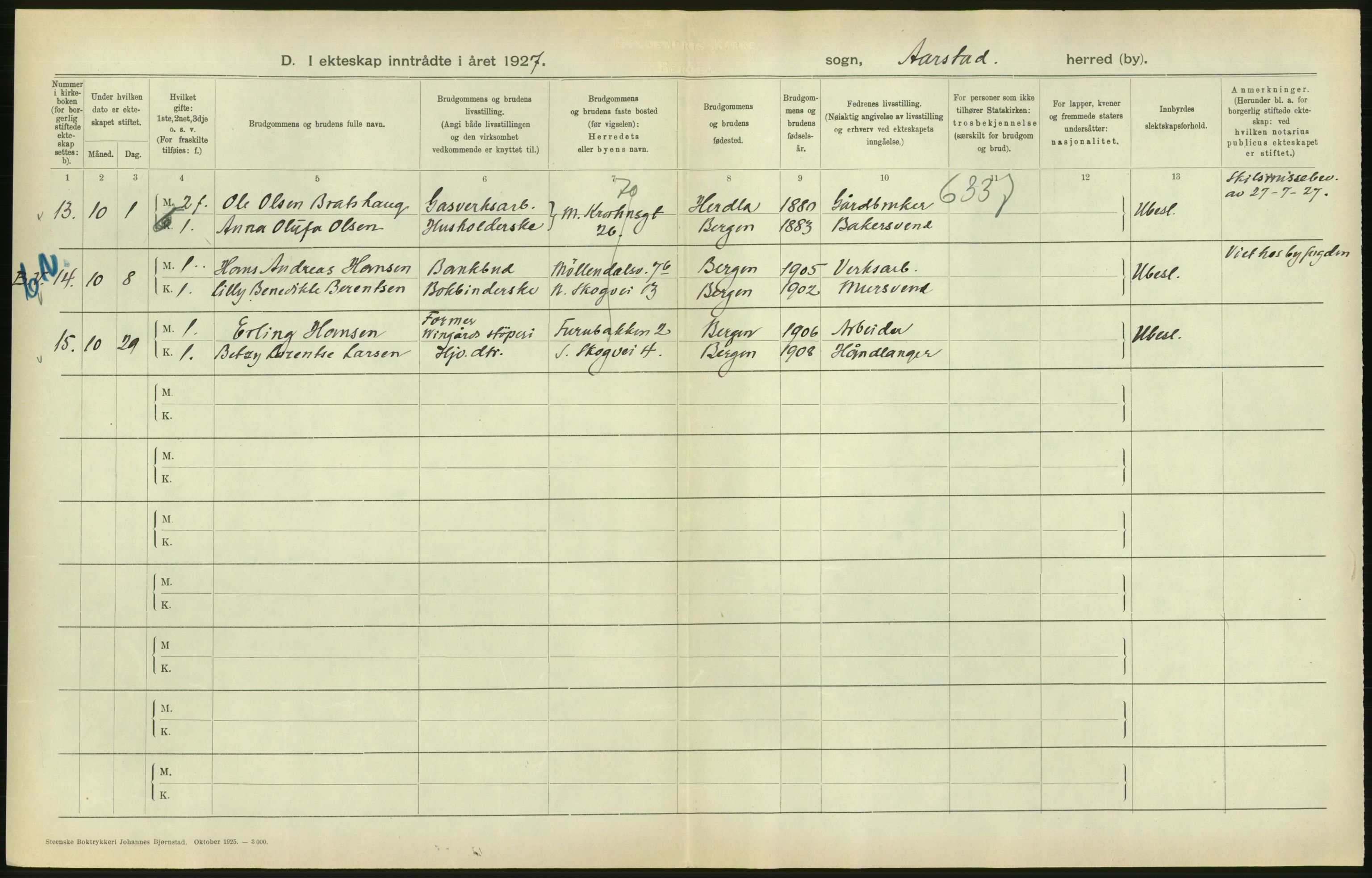 Statistisk sentralbyrå, Sosiodemografiske emner, Befolkning, AV/RA-S-2228/D/Df/Dfc/Dfcg/L0028: Bergen: Gifte, døde., 1927, s. 226