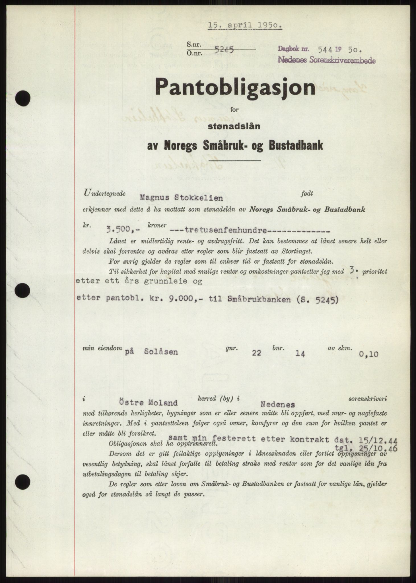 Nedenes sorenskriveri, SAK/1221-0006/G/Gb/Gbb/L0007: Pantebok nr. B7, 1949-1950, Dagboknr: 544/1950