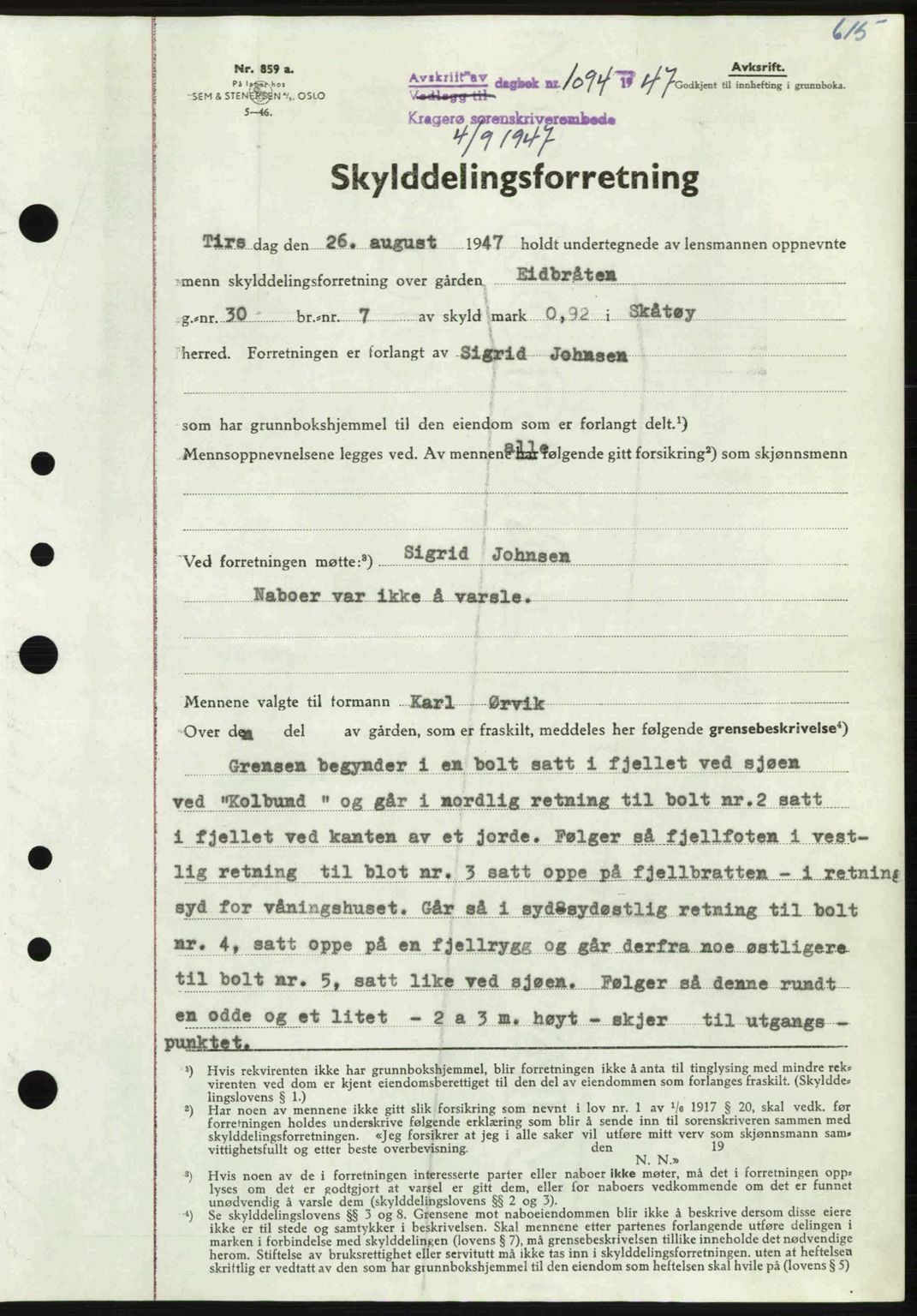 Kragerø sorenskriveri, SAKO/A-65/G/Ga/Gab/L0061: Pantebok nr. A-61, 1947-1947, Dagboknr: 1094/1947